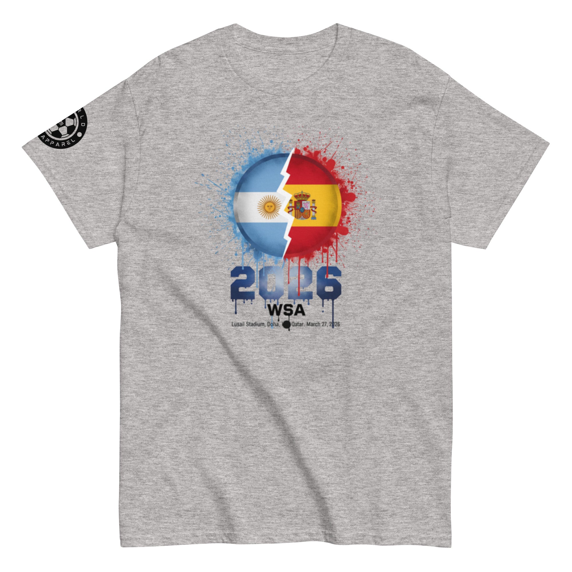 Gray t-shirt with a colorful graphic design featuring two flags and '2026 WSA' text on a white background.