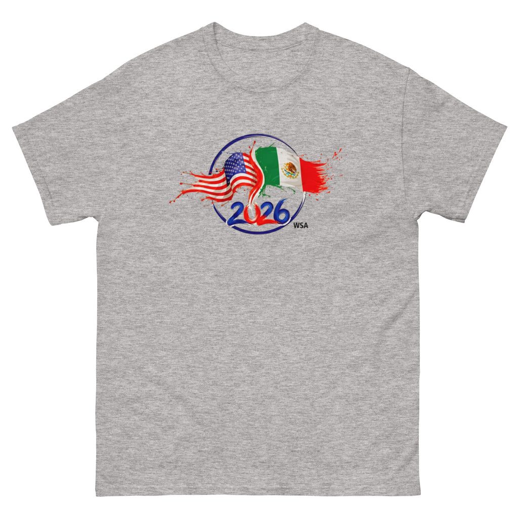 Gray t-shirt with 2026 FIFA World Cup logo featuring American and Mexican flags on a white background