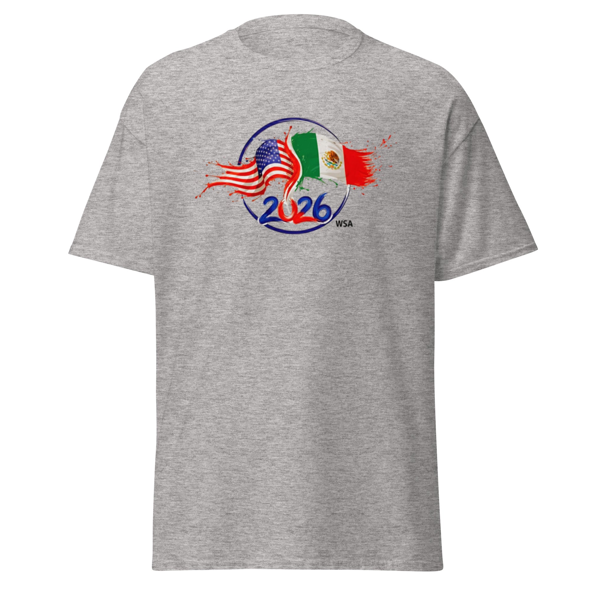 Gray t-shirt with 2026 FIFA World Cup logo featuring American and Mexican flags on a white background