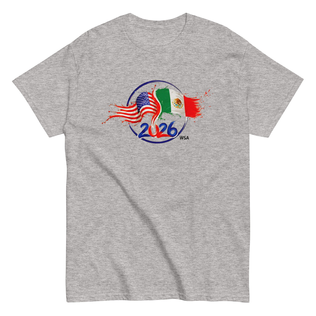 Gray t-shirt with 2026 FIFA World Cup logo featuring American and Mexican flags on a white background