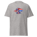 Gray t-shirt with a graphic design featuring an American flag, blue circle, and text on a white background