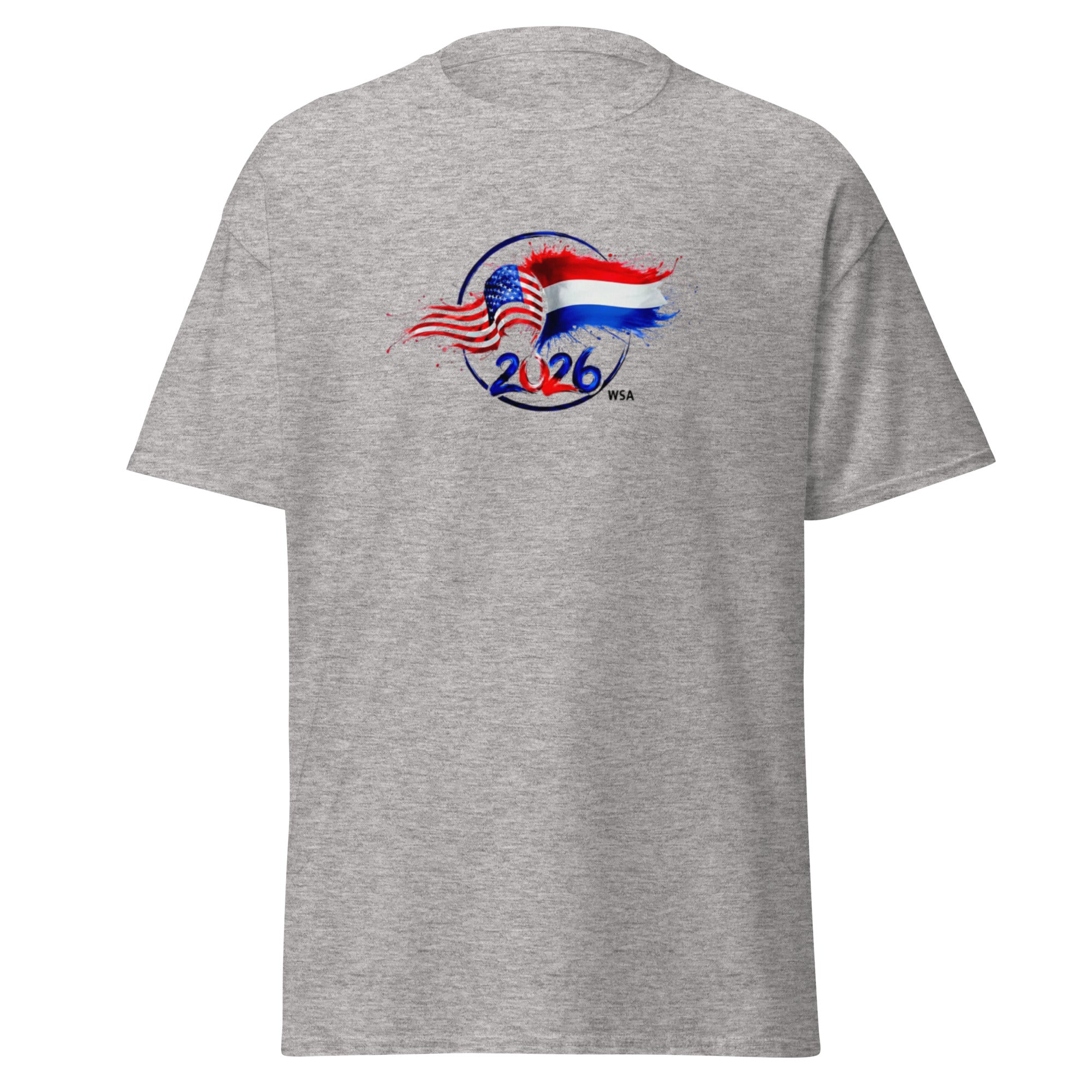 Gray t-shirt with a graphic design featuring an American flag, blue circle, and text on a white background