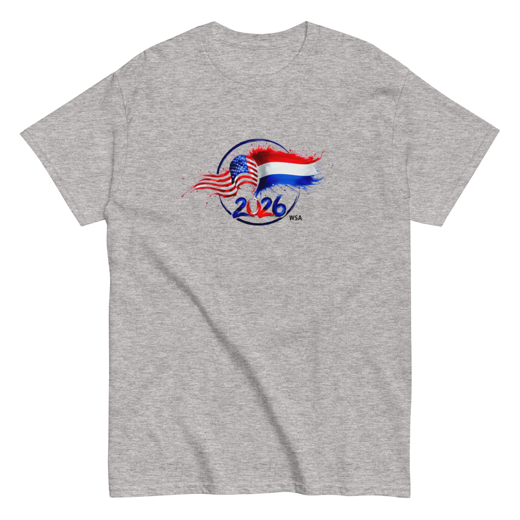 Gray t-shirt with a graphic design featuring an American flag, Dutch flag, and '2026' text on a white background.