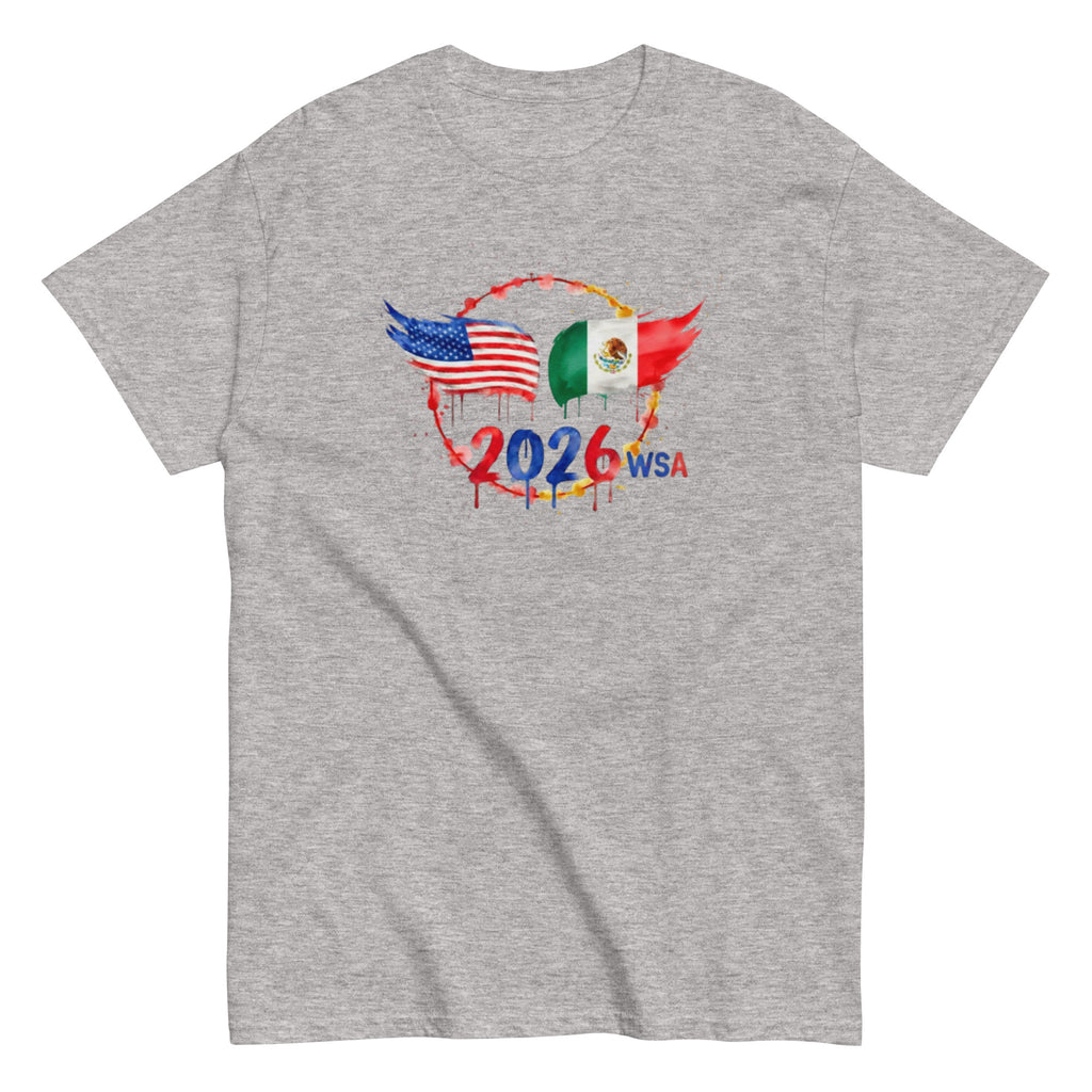 Gray t-shirt with 2026 WSA graphic featuring American and Mexican flags on a white background