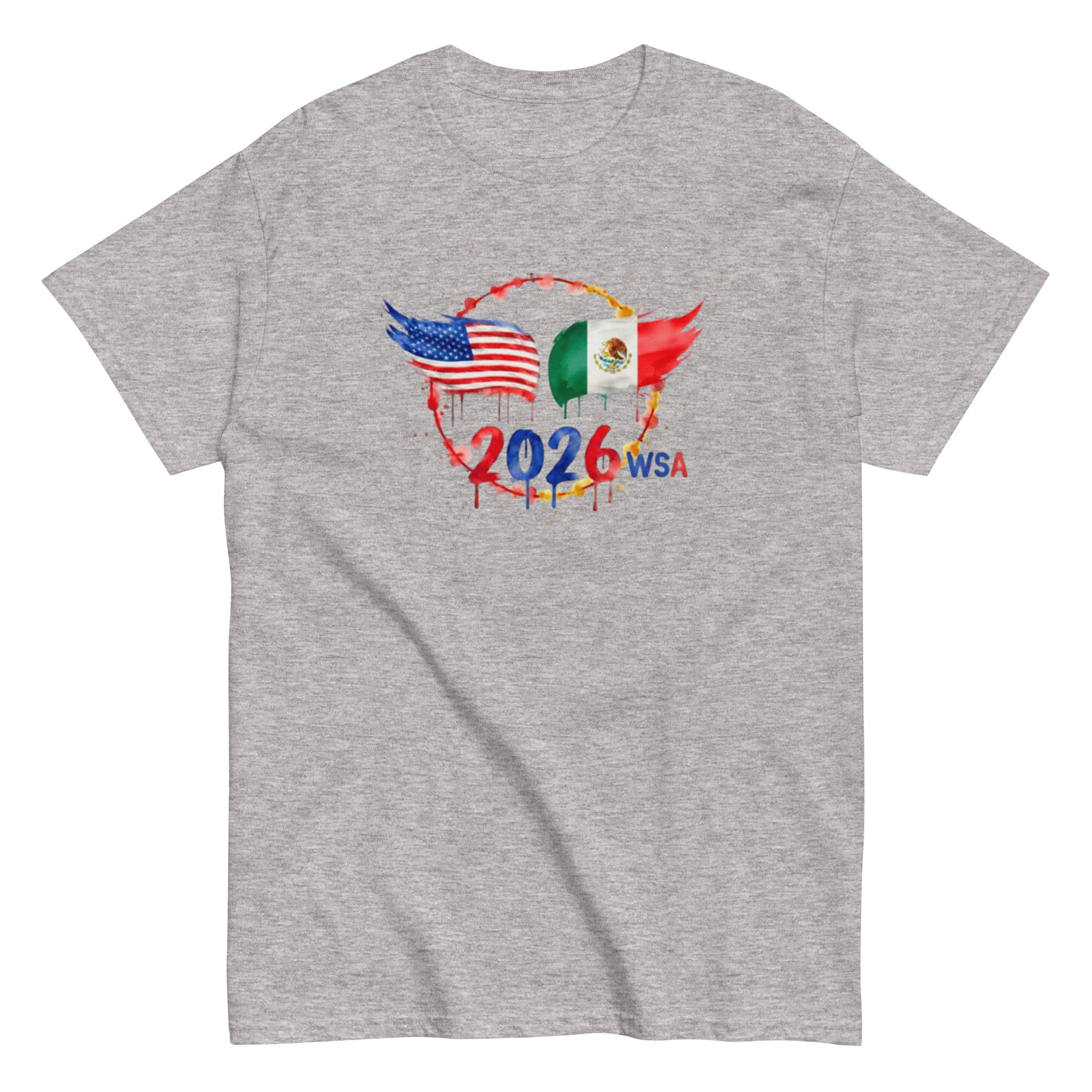 Gray t-shirt with 2026 WSA graphic featuring American and Mexican flags on a white background
