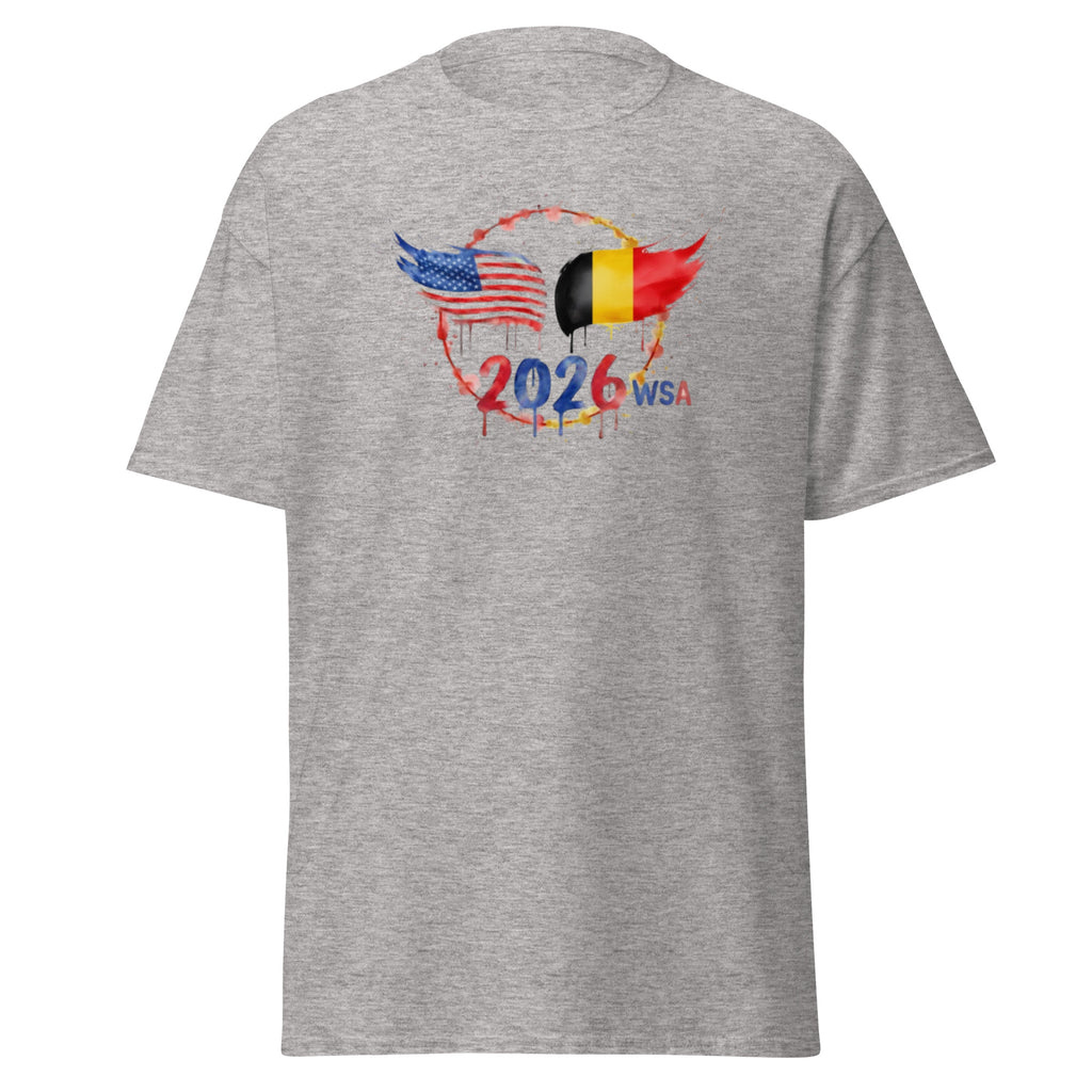 Gray t-shirt with 2026 WSA design featuring American and Belgian flags on a white background