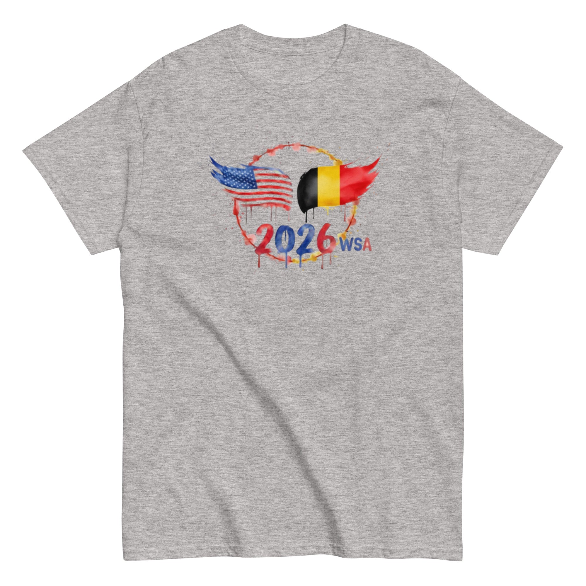 Gray t-shirt with 2026 WSA graphic featuring American and Belgian flags on a white background