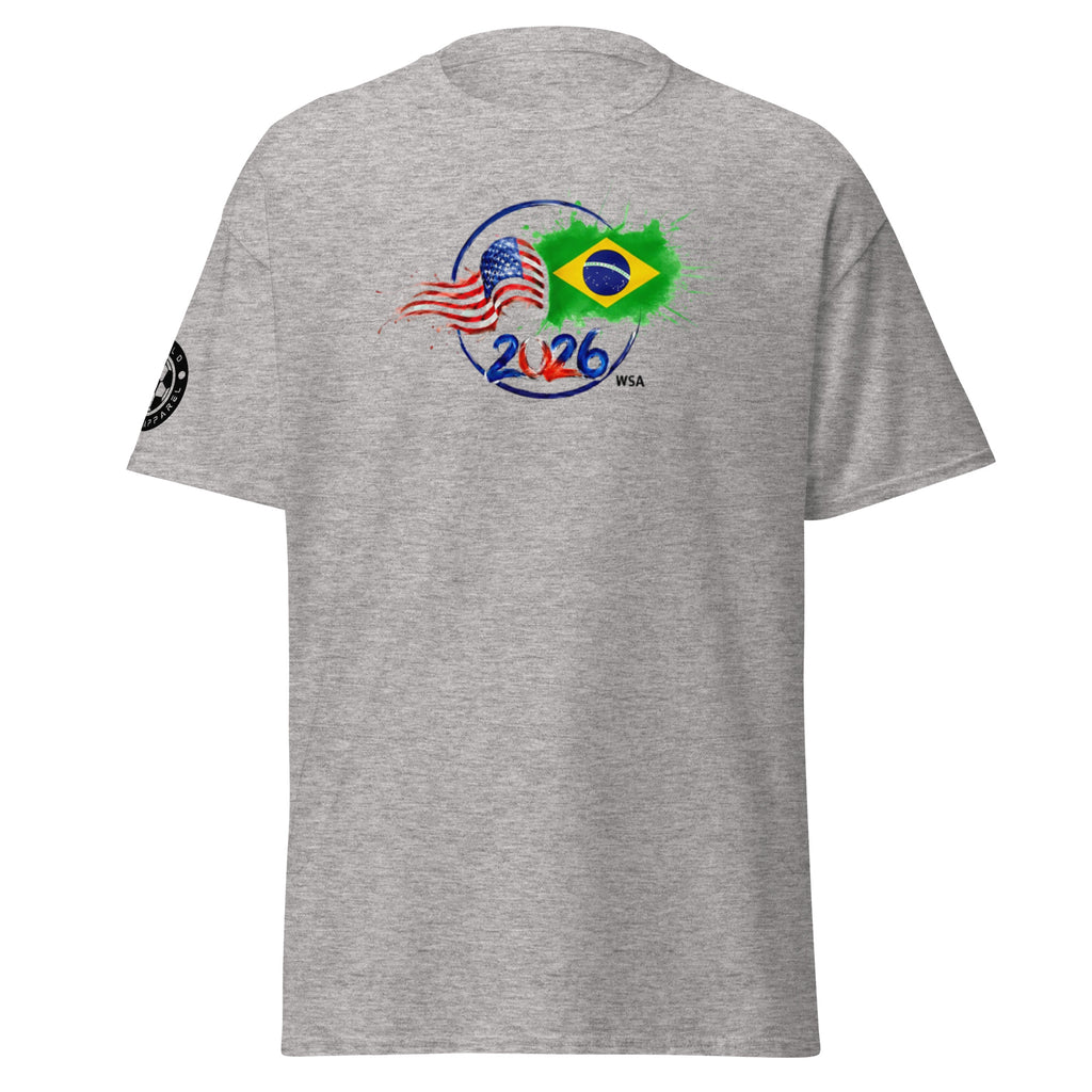 Gray t-shirt with 2026 World Cup logo featuring American and Brazilian flags on a white background