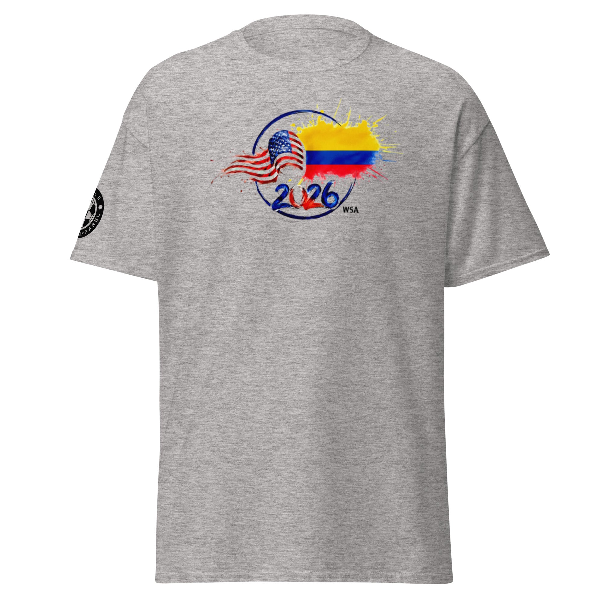 Gray t-shirt with a colorful graphic design on a white background