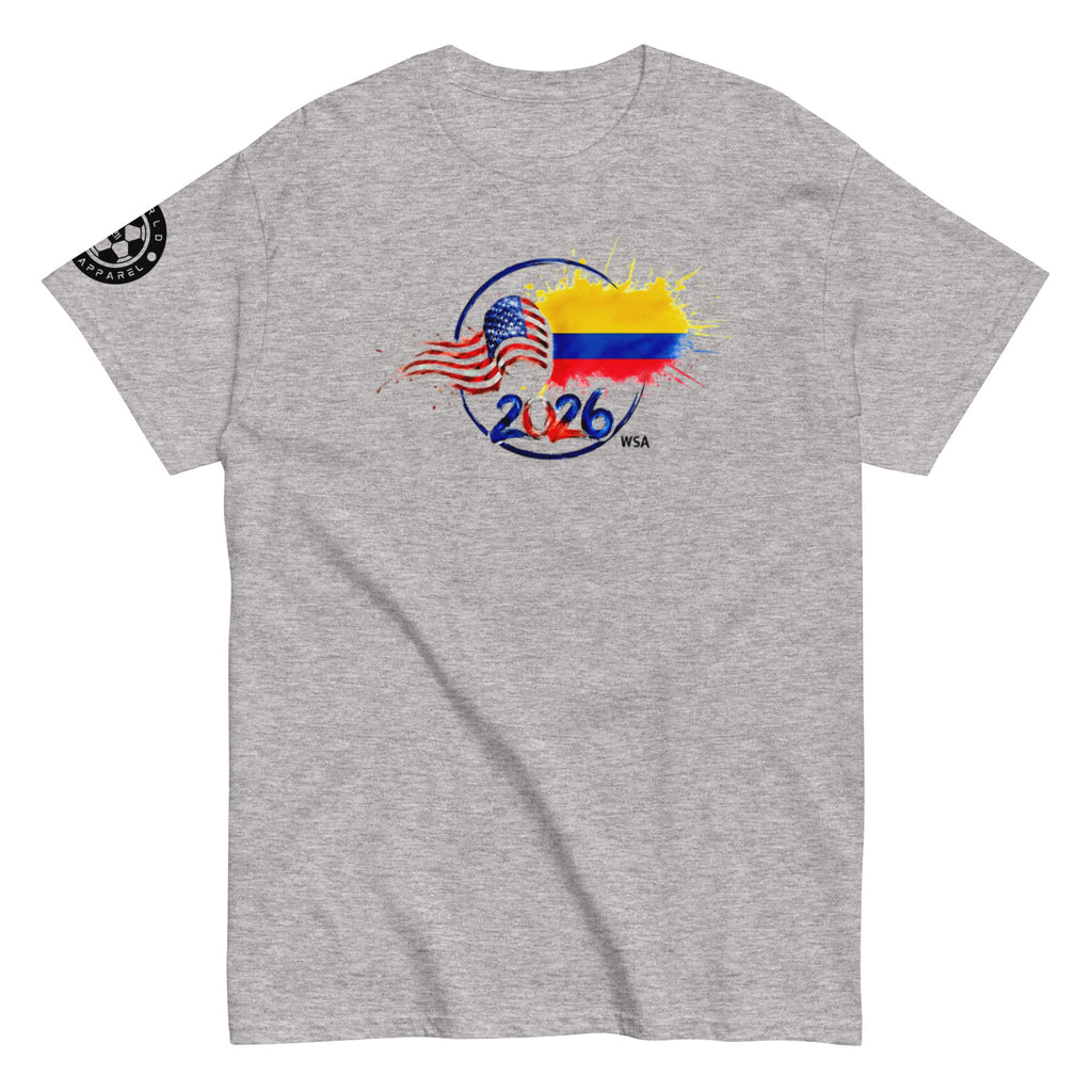 Gray t-shirt with a colorful graphic design on a white background