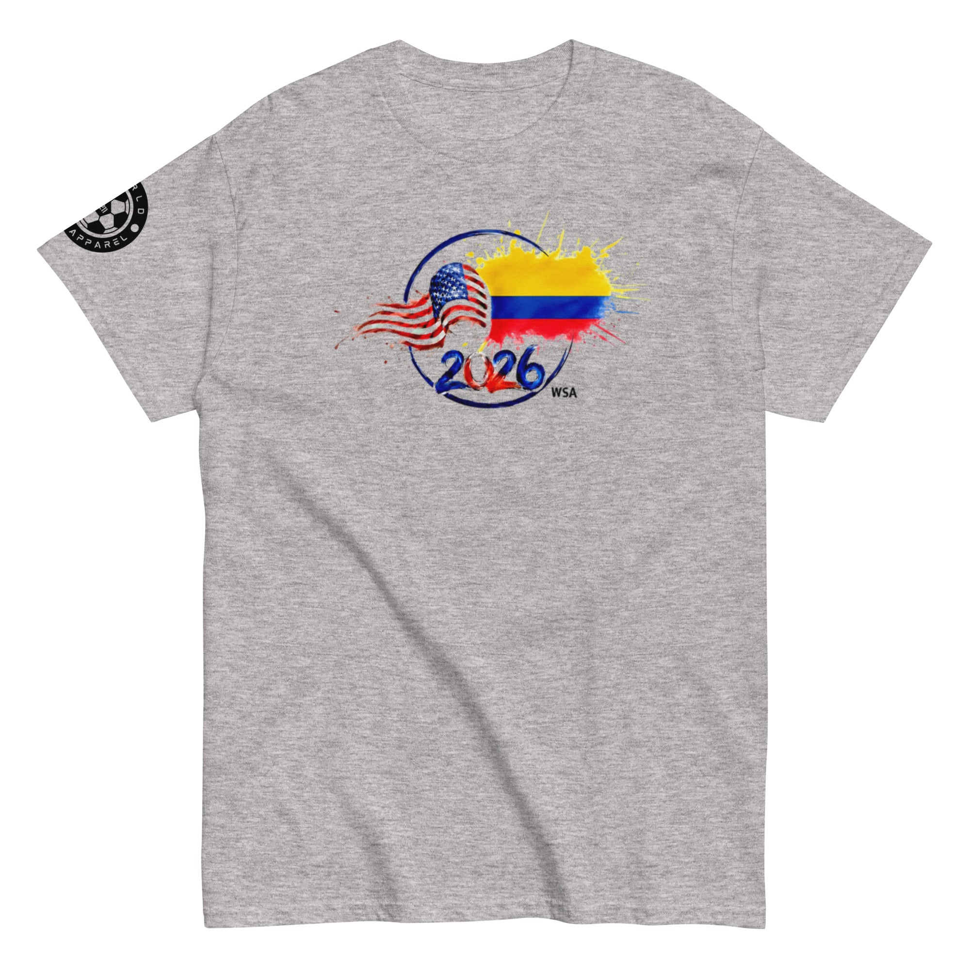 Gray t-shirt with a colorful graphic design on a white background