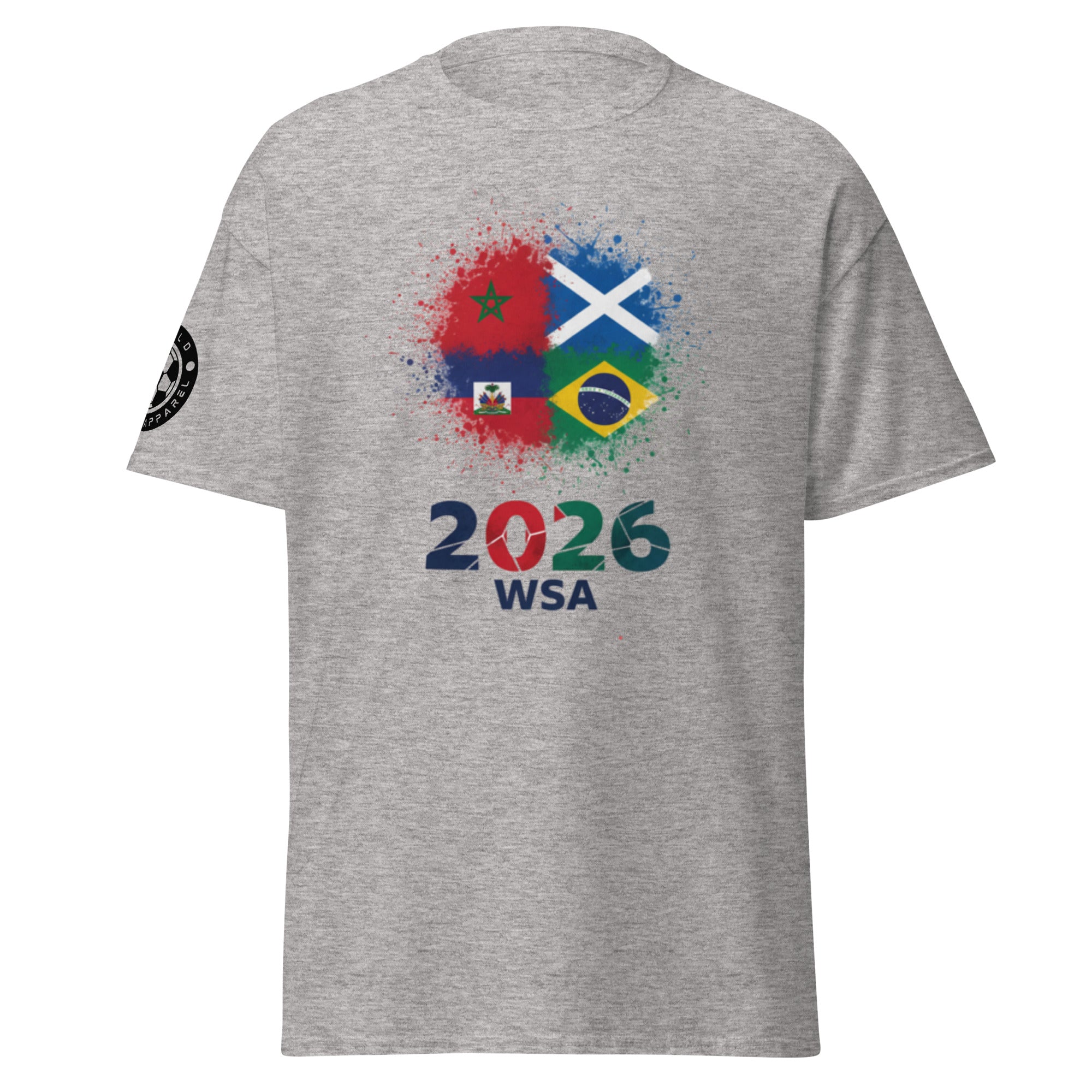 Gray t-shirt with colorful graphic design featuring flags and '2026 WSA' text on a white background