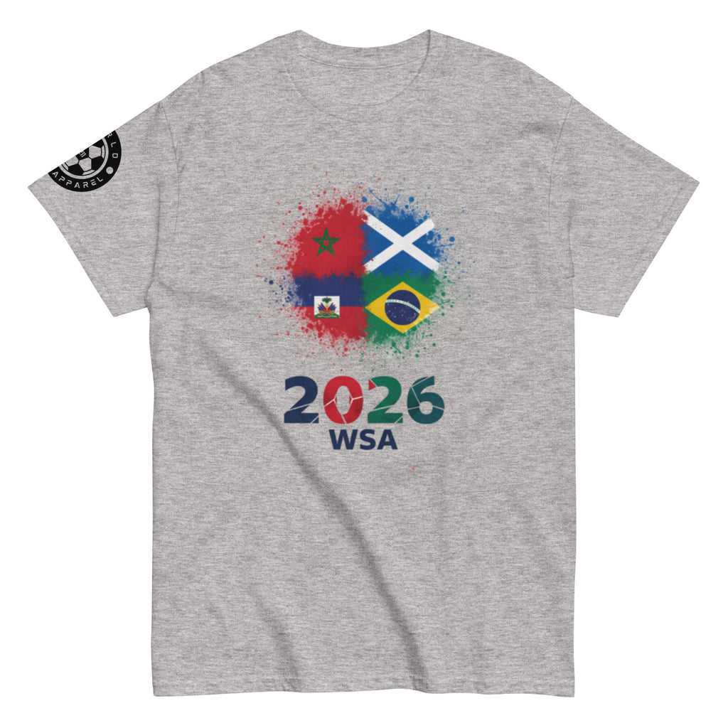 Gray t-shirt with colorful graphic design featuring flags and '2026 WSA' text on a white background