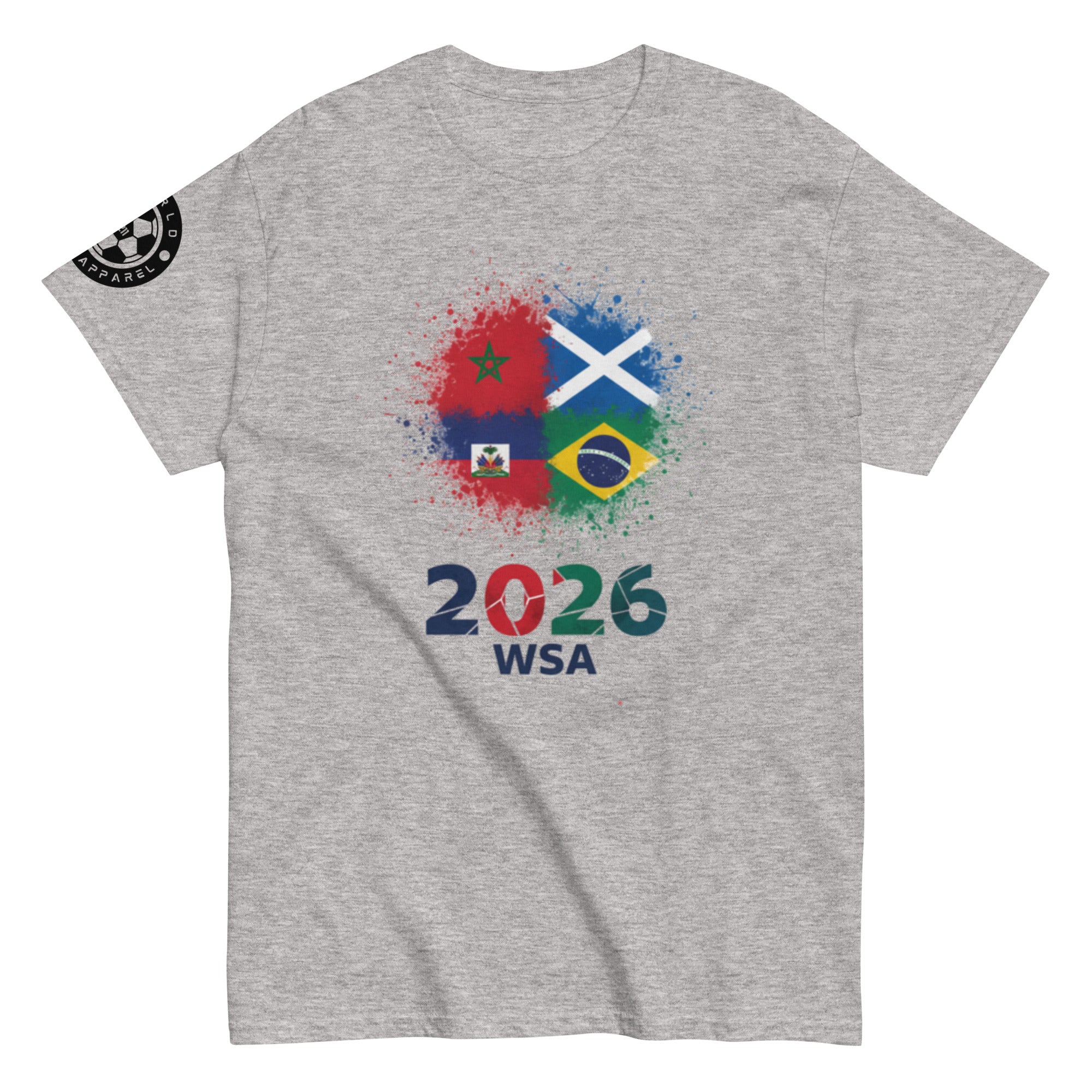 Gray t-shirt with colorful graphic design featuring flags and '2026 WSA' text on a white background