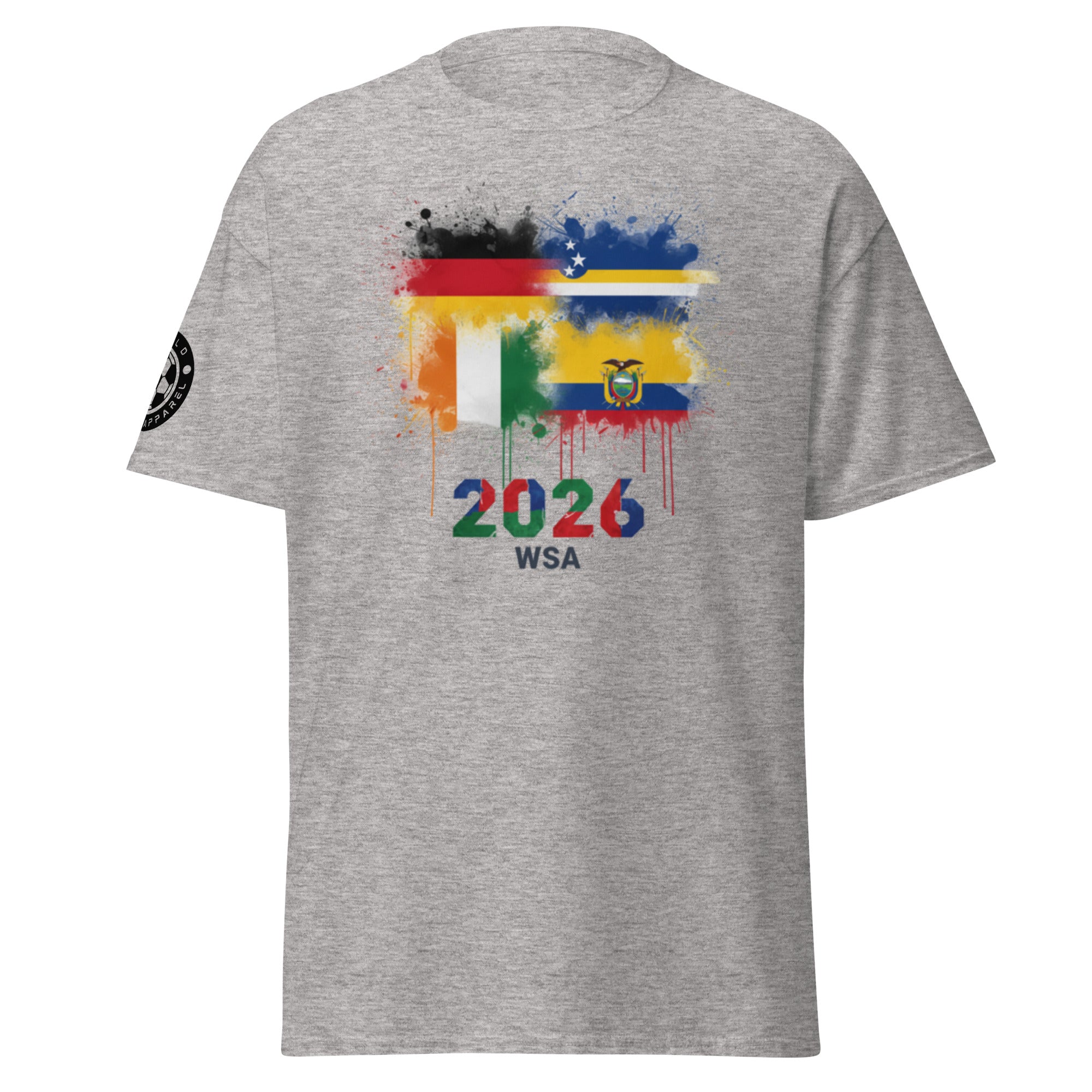 Gray t-shirt with colorful design and text on a white background