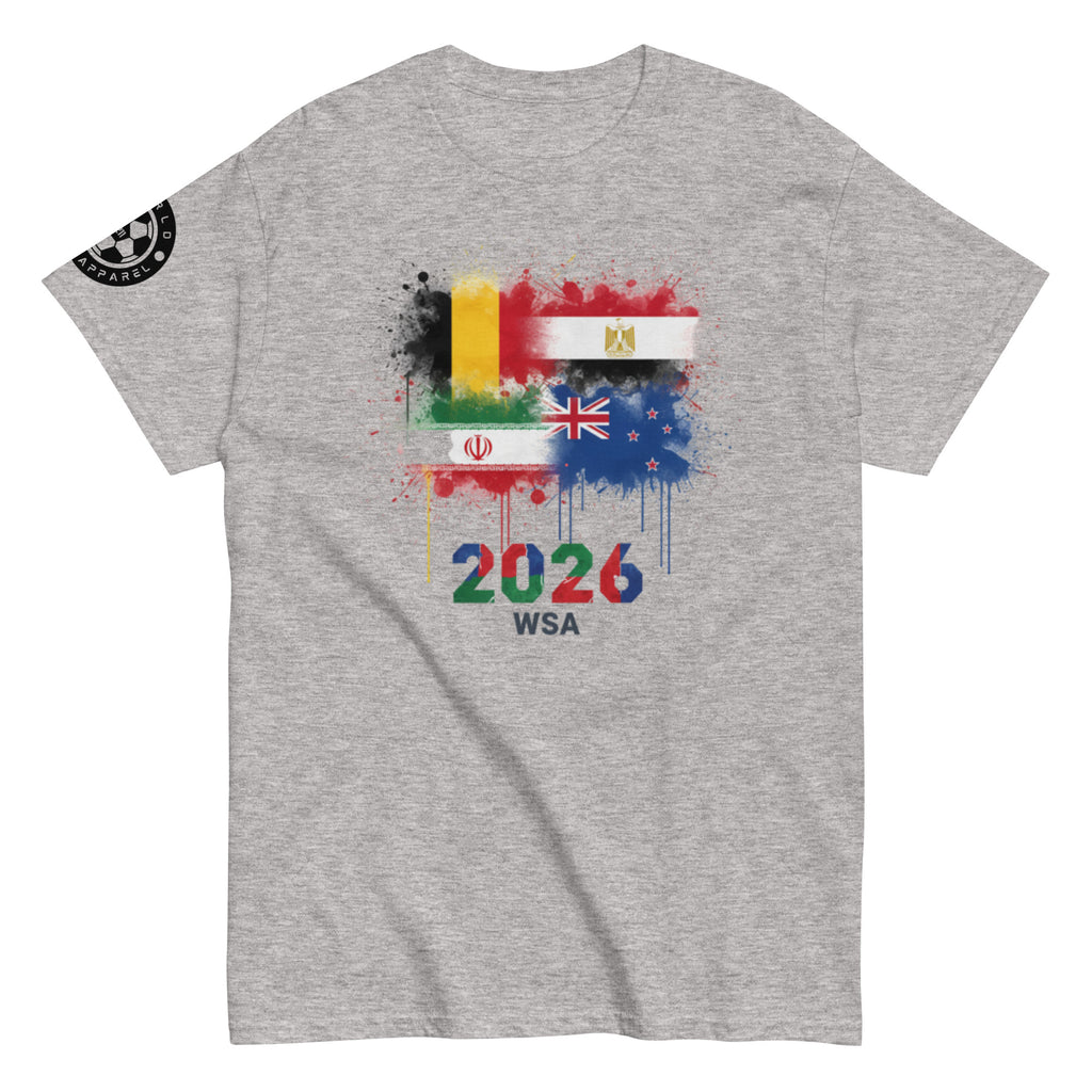 Gray t-shirt with colorful graphic design featuring flags and '2026 WSA' text on a white background.