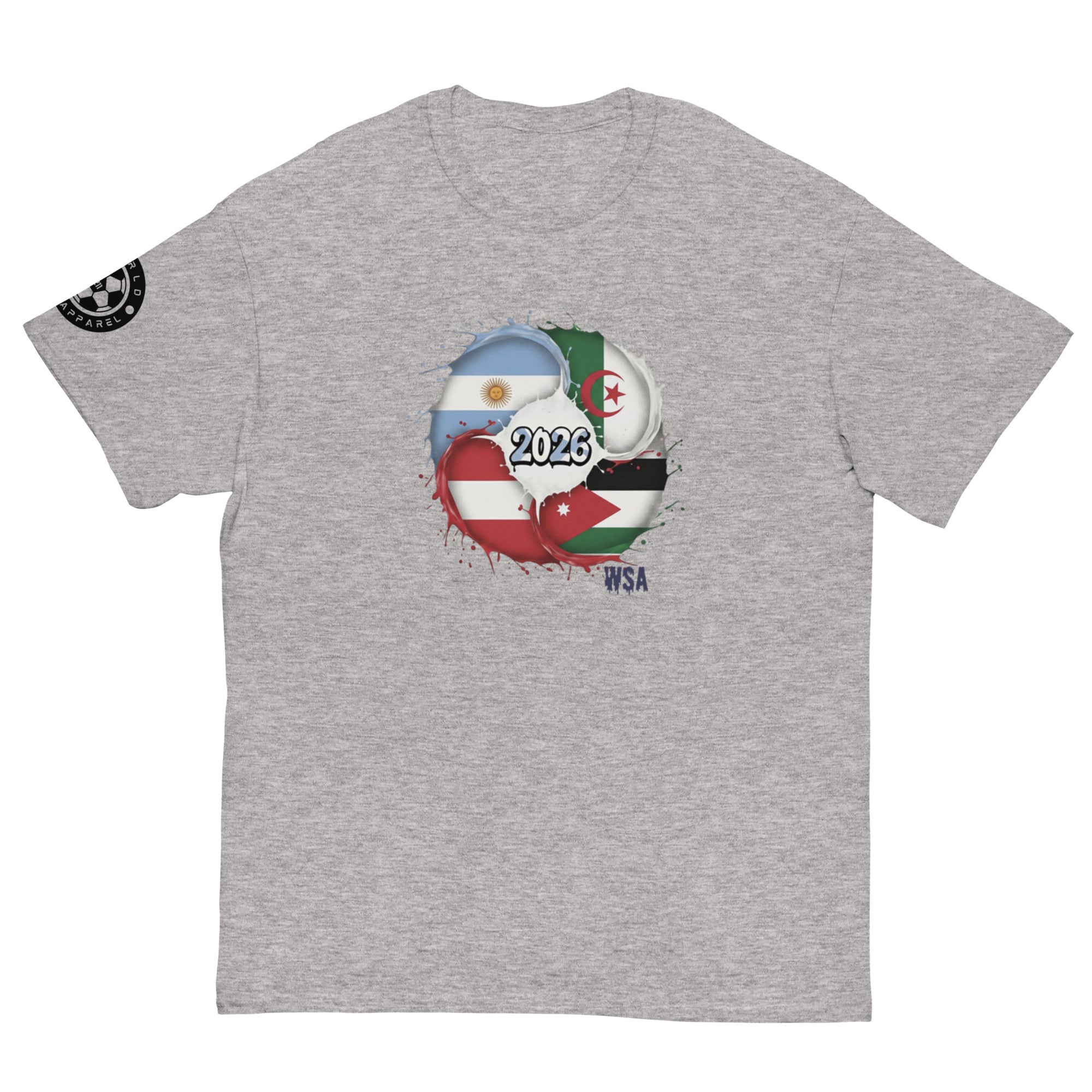 Gray t-shirt with a graphic design featuring flags and '2026' on a white background