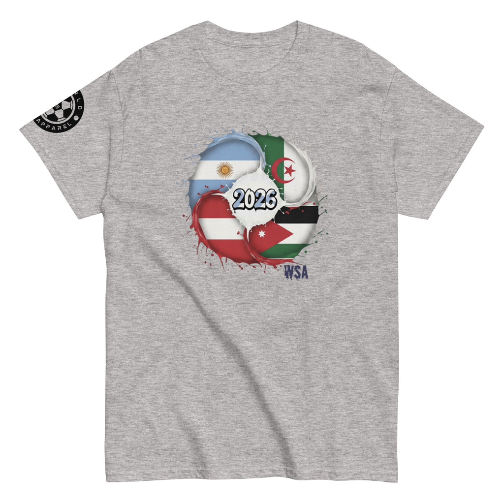 Gray t-shirt with world flags and '2023' design on a white background