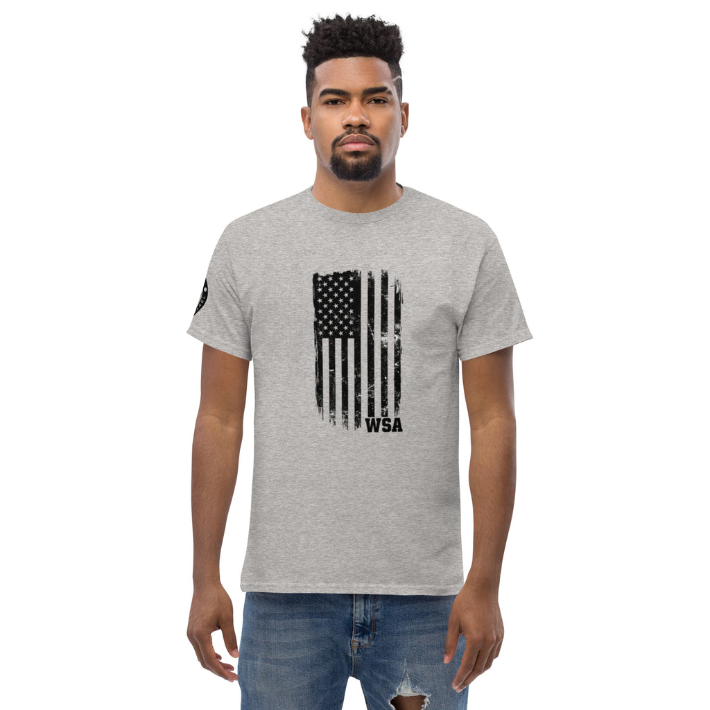 Man wearing a gray t-shirt with an American flag design and 'WSA' text on a white background