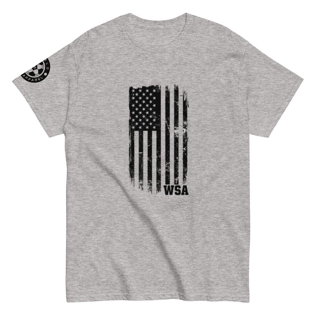 Gray t-shirt with American flag and 'WSA' text on a white background