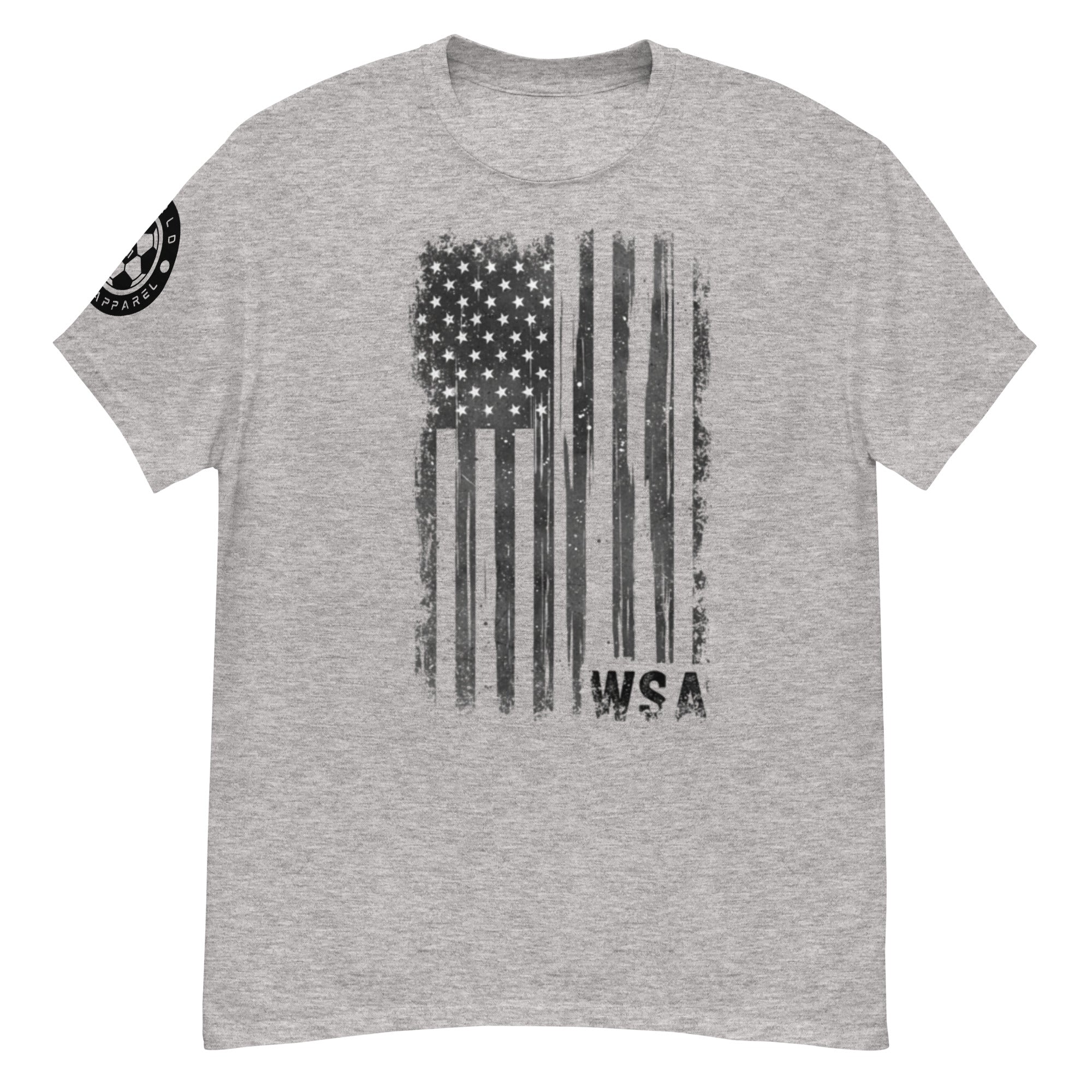 Gray t-shirt with American flag graphic and 'WSA' text on a white background