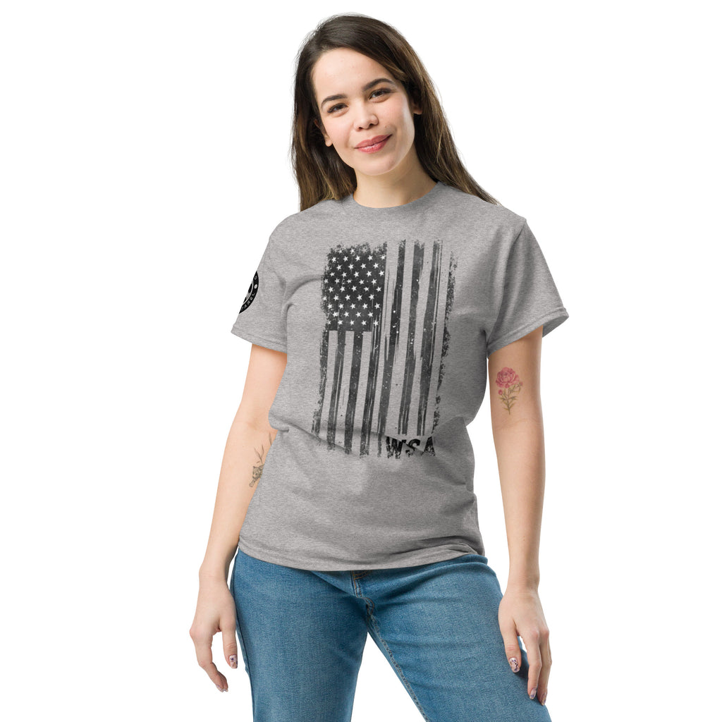 Woman wearing a gray t-shirt with an American flag design on a white background