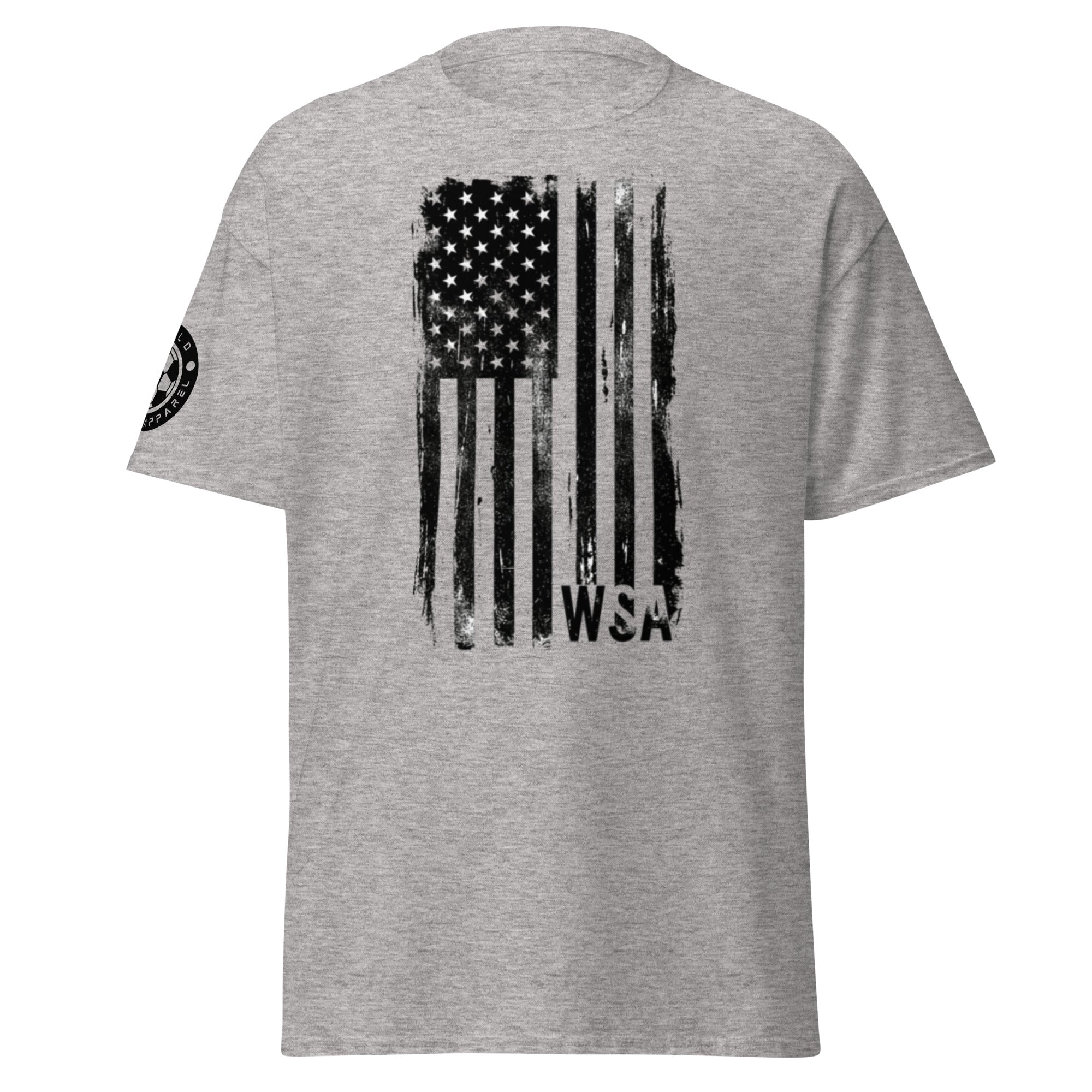Gray t-shirt with American flag graphic and 'WSA' text on a white background