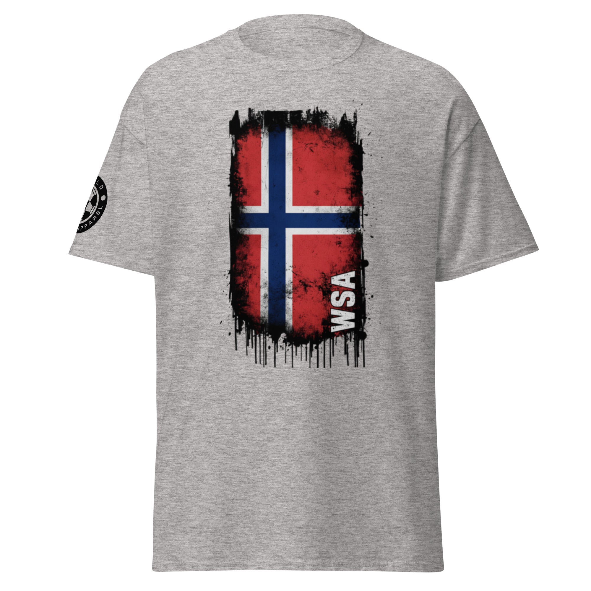 Gray t-shirt with a red and blue flag design and 'WSA' branding on a white background