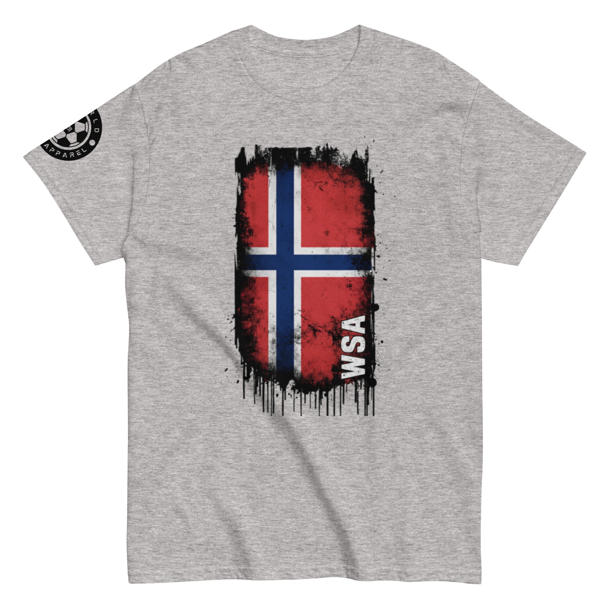 Gray t-shirt with a red, blue, and white flag design and 'WSA' text on a white background