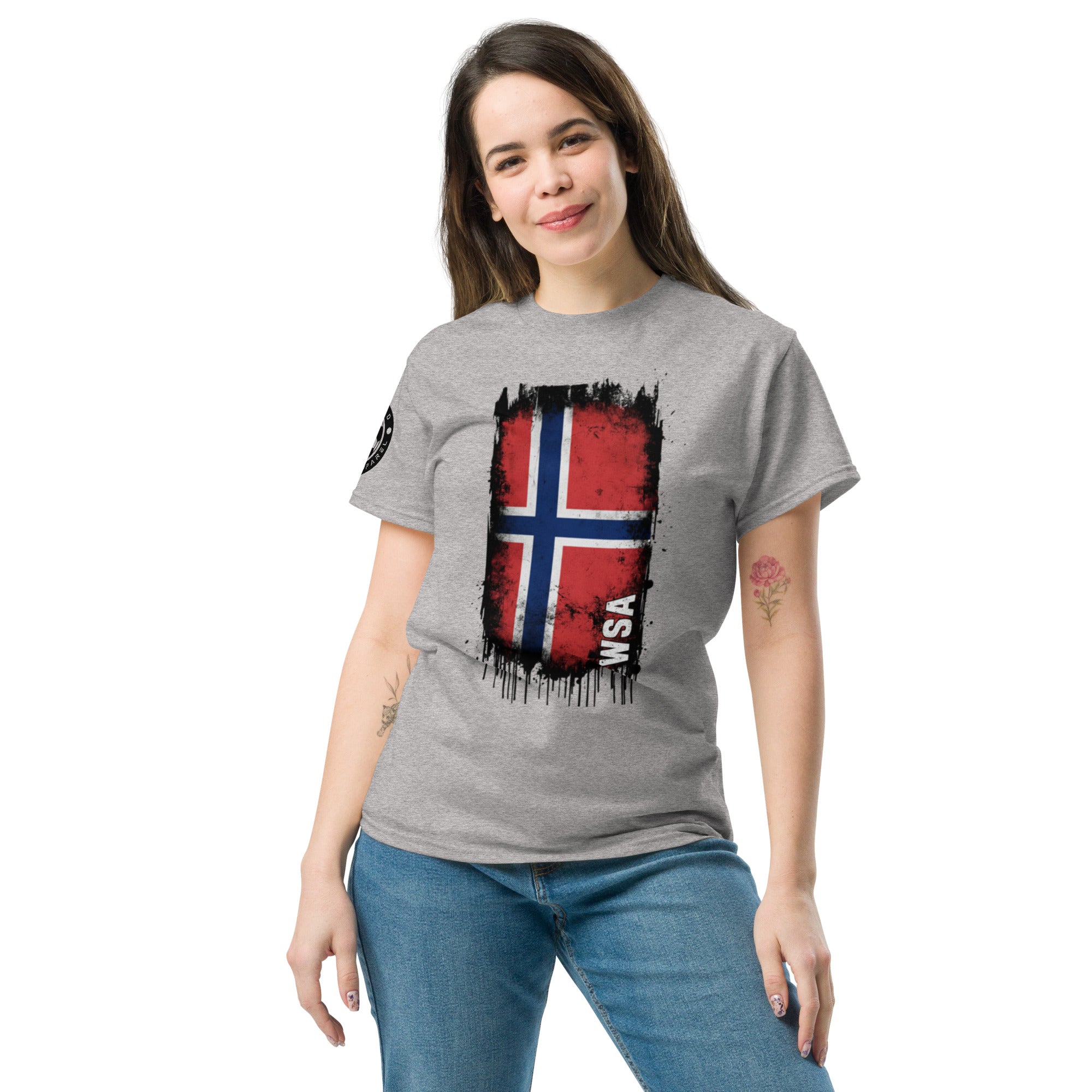 Woman wearing a gray t-shirt with a flag design on a white background