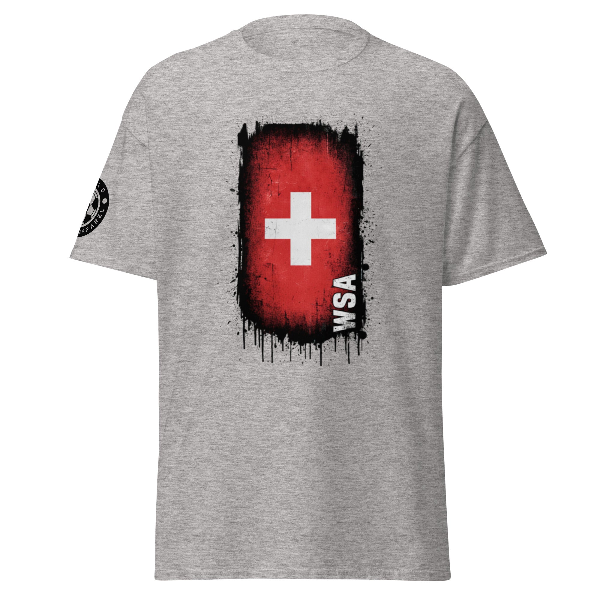 Gray t-shirt with a red and black design featuring a white cross and 'WSA' text on a white background.