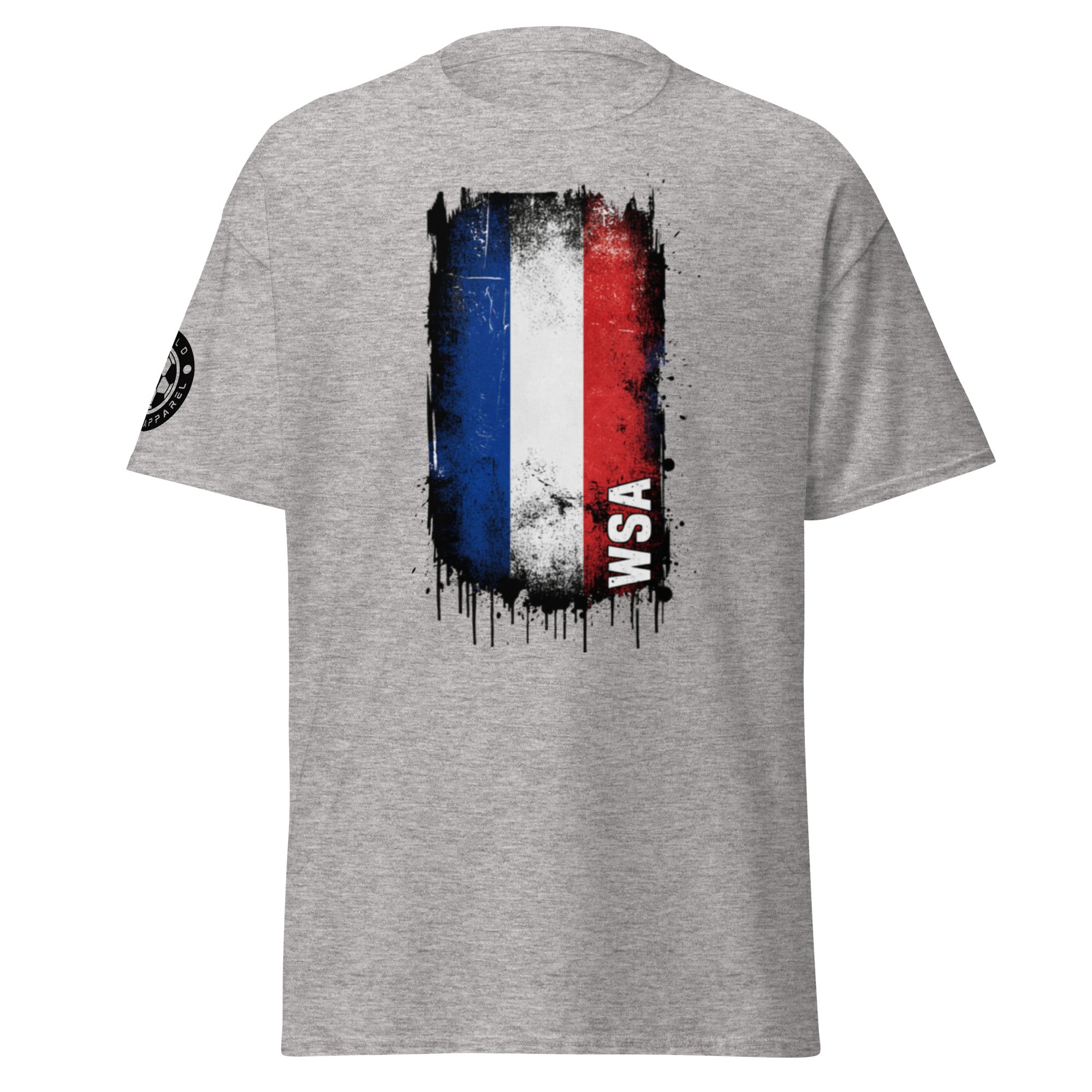 Gray t-shirt with a colorful graphic design on the back against a white background