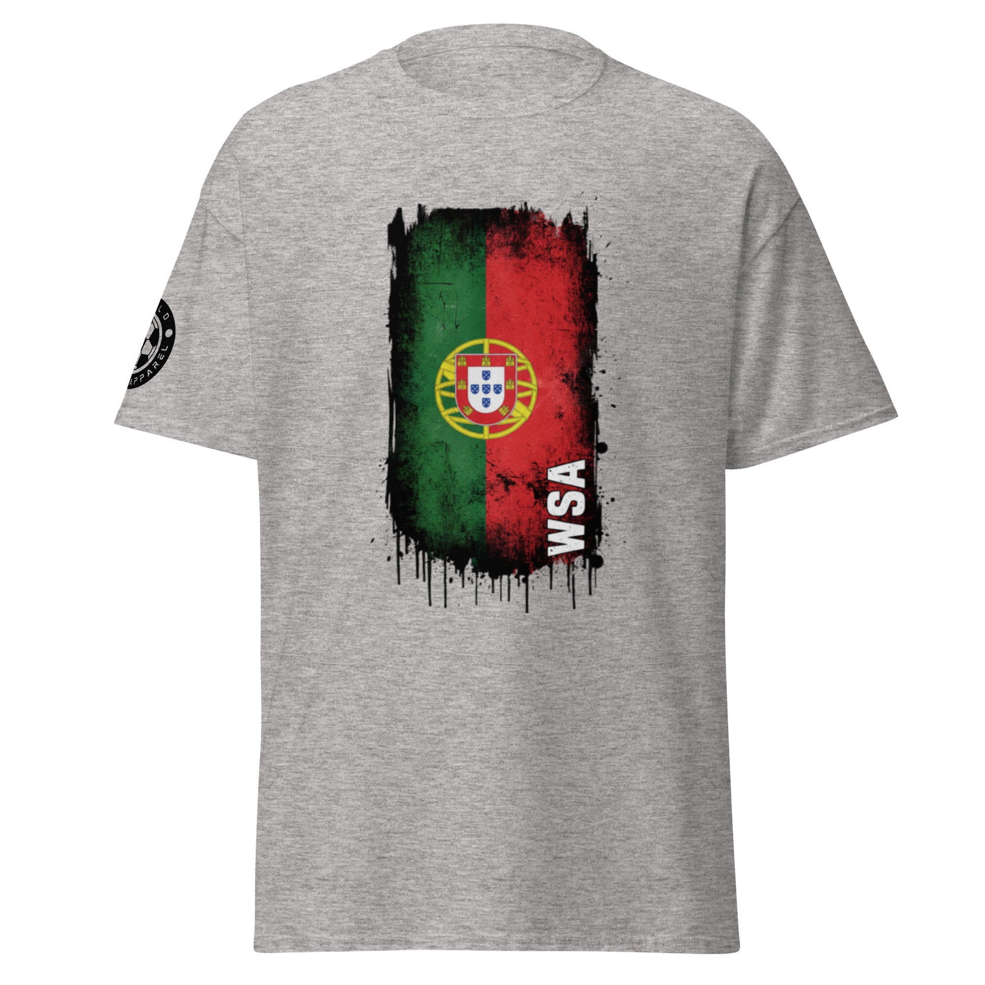 Gray t-shirt with a colorful graphic design on a white background