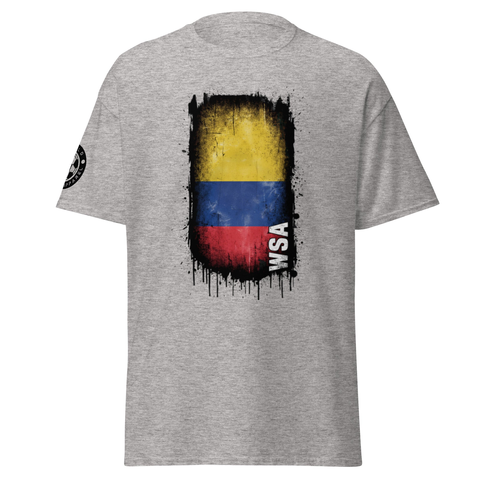Gray t-shirt with a colorful graphic design on the chest against a white background