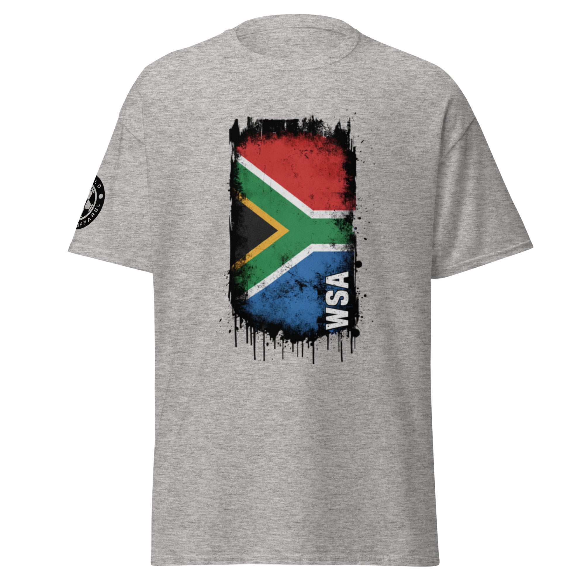 Gray t-shirt with South African flag design and 'WSA' text on a white background
