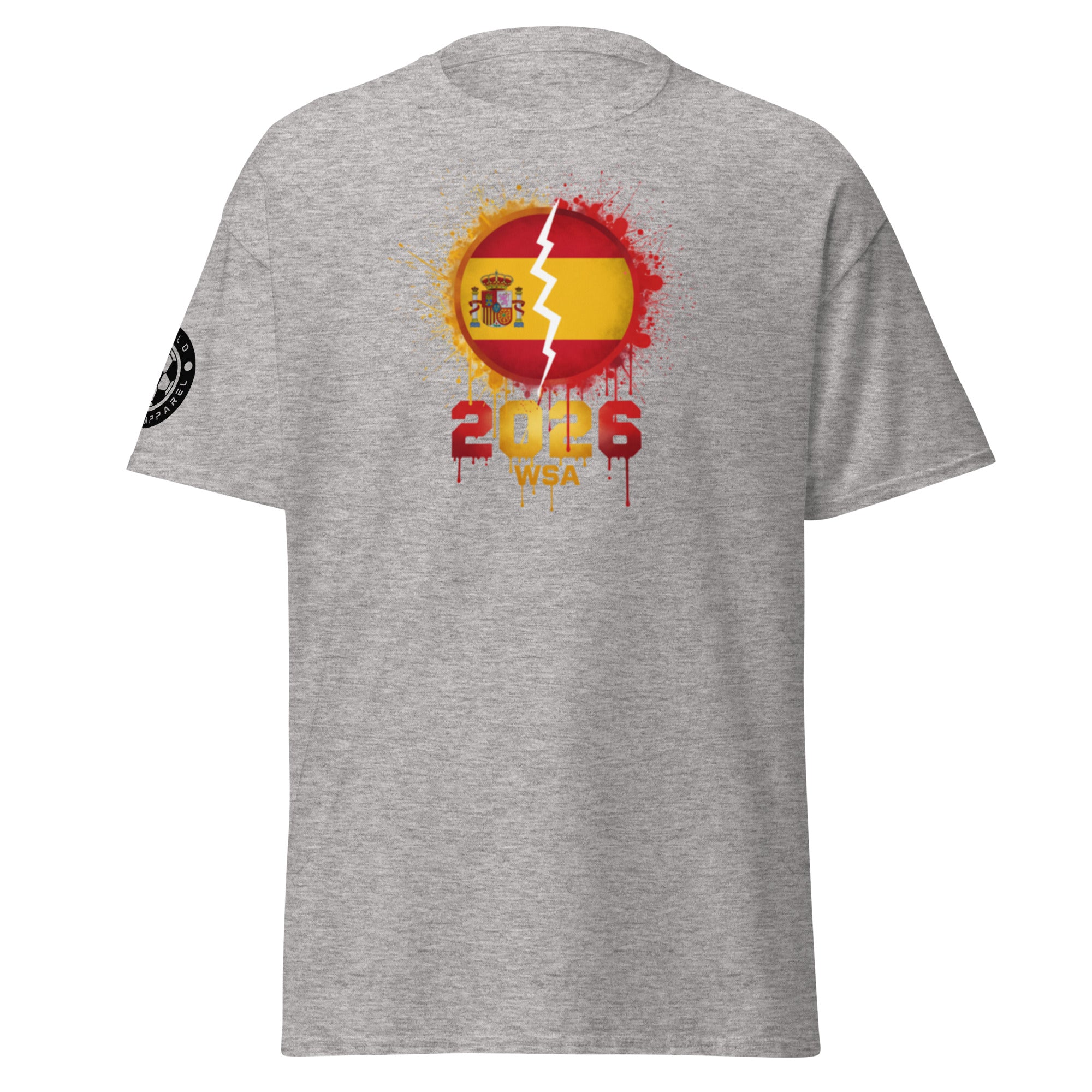 Gray t-shirt with a colorful graphic design featuring the number 2026 and text on a white background