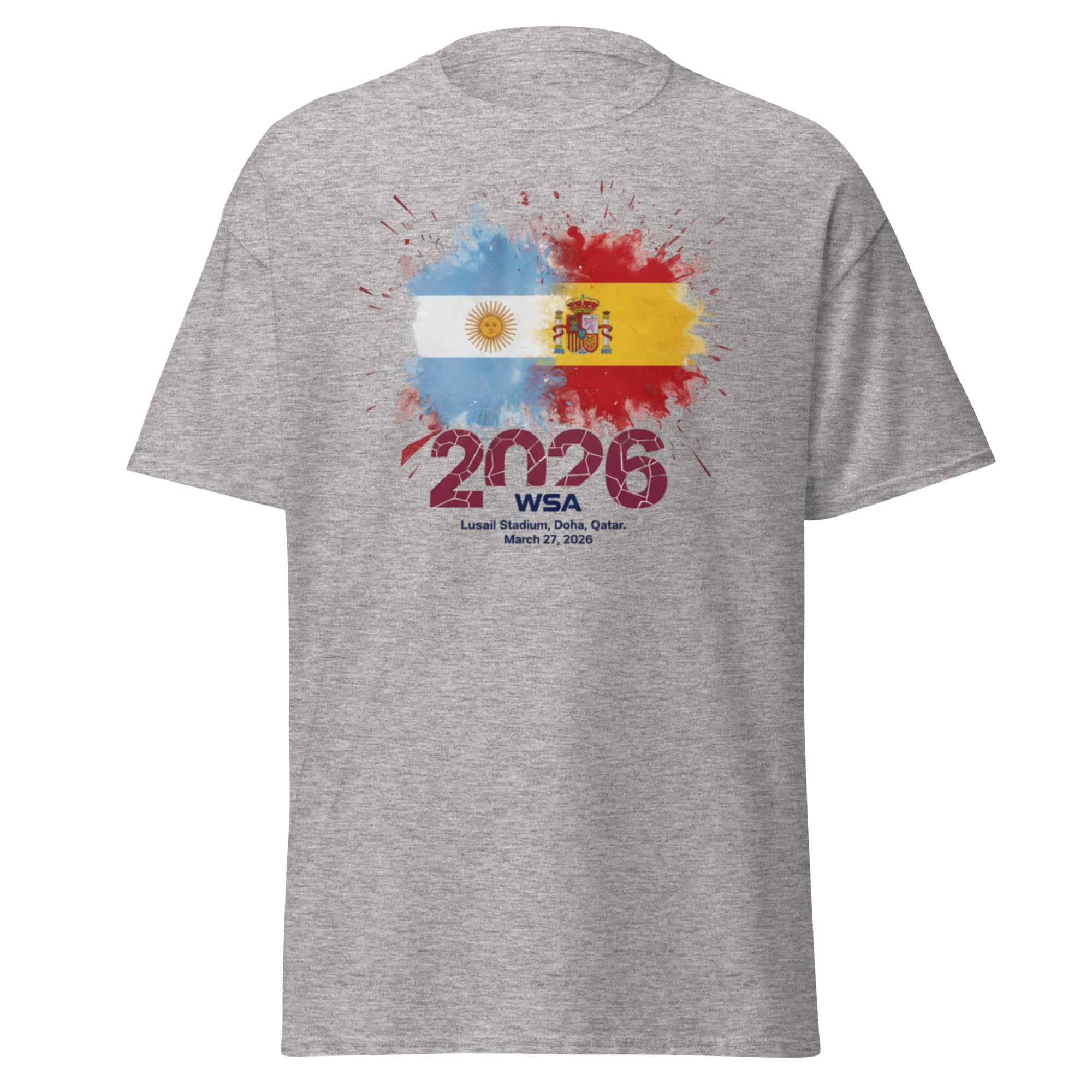 Gray t-shirt with 2026 World Cup design featuring Argentina and Spain flags on a white background