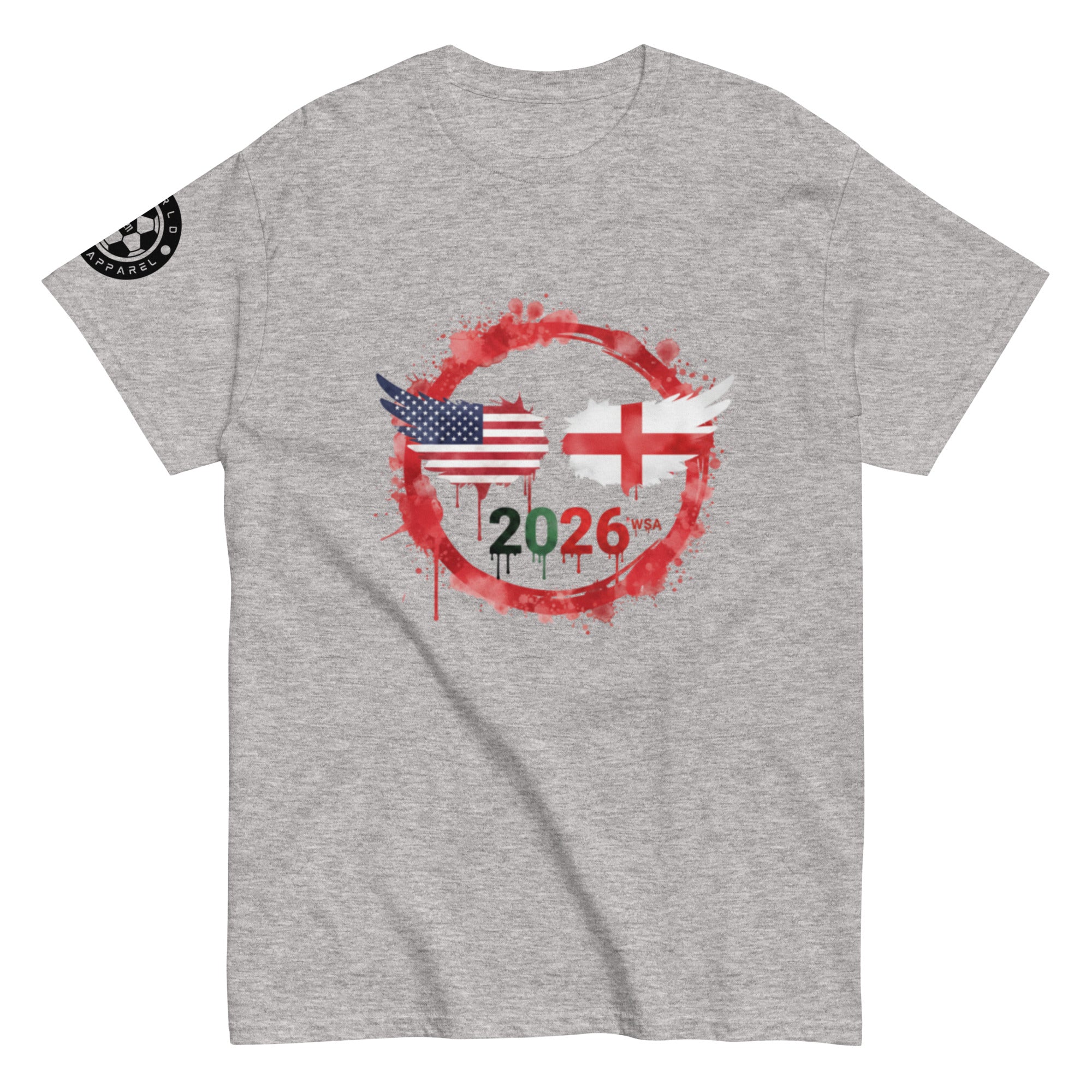 Gray t-shirt with American and English flags and '2026' printed on a white background