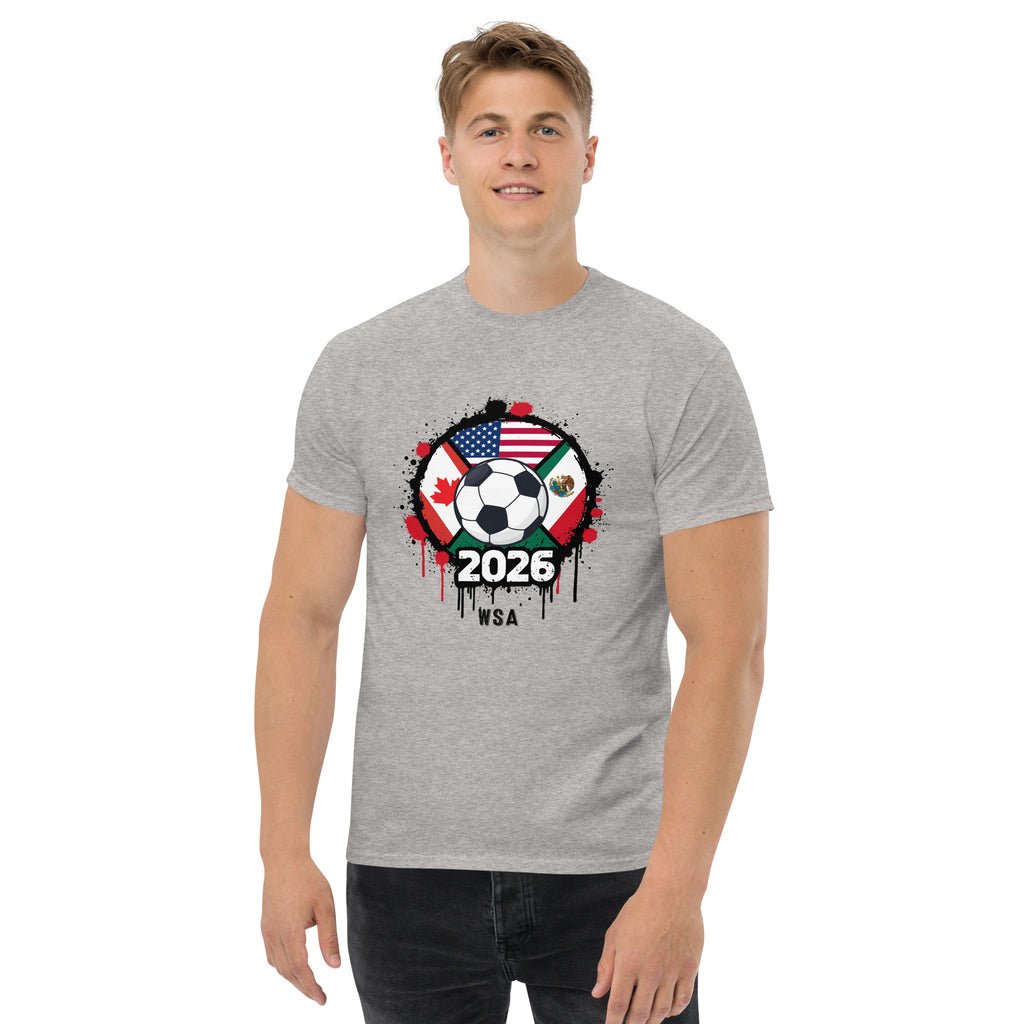 Person wearing a gray t-shirt with a soccer ball and flags design on a white background