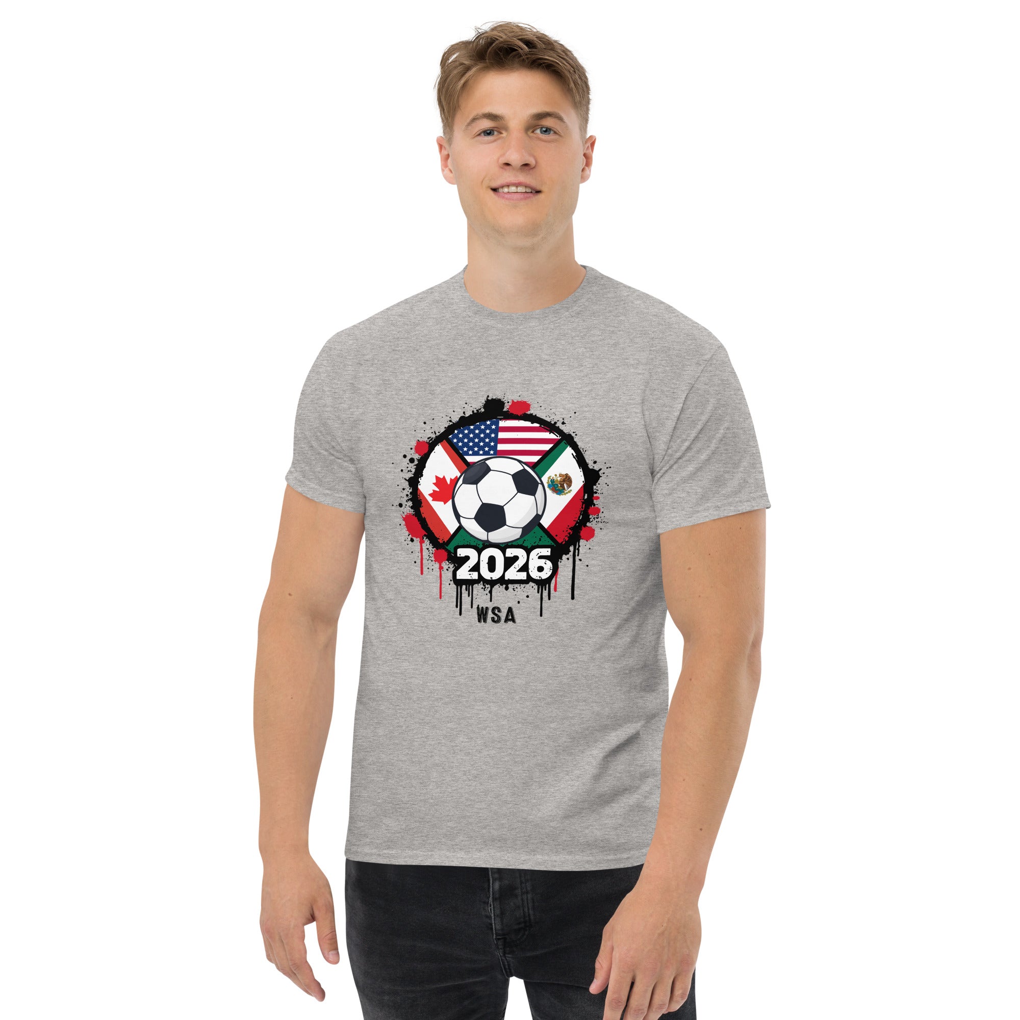 Person wearing a gray t-shirt with a soccer ball and flags design on a white background