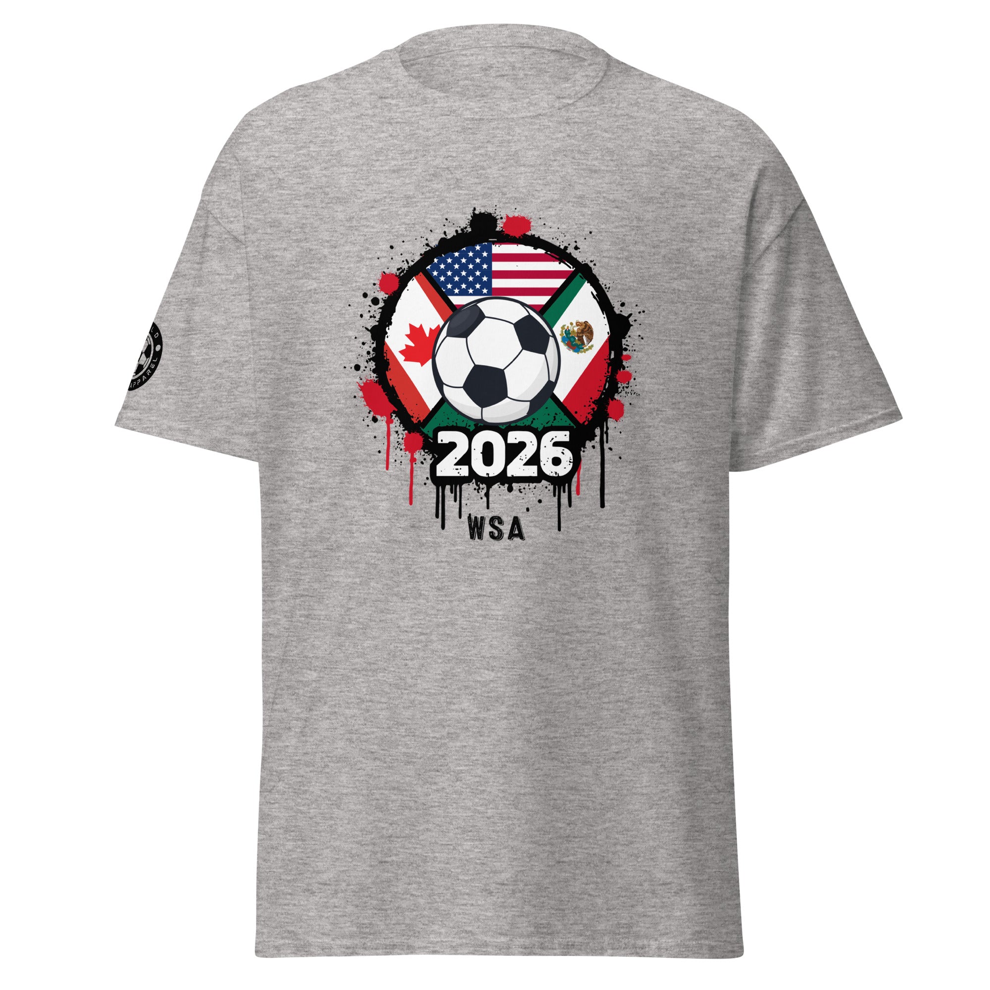 Gray t-shirt with soccer ball design featuring flags and '2026 WSA' text on a white background