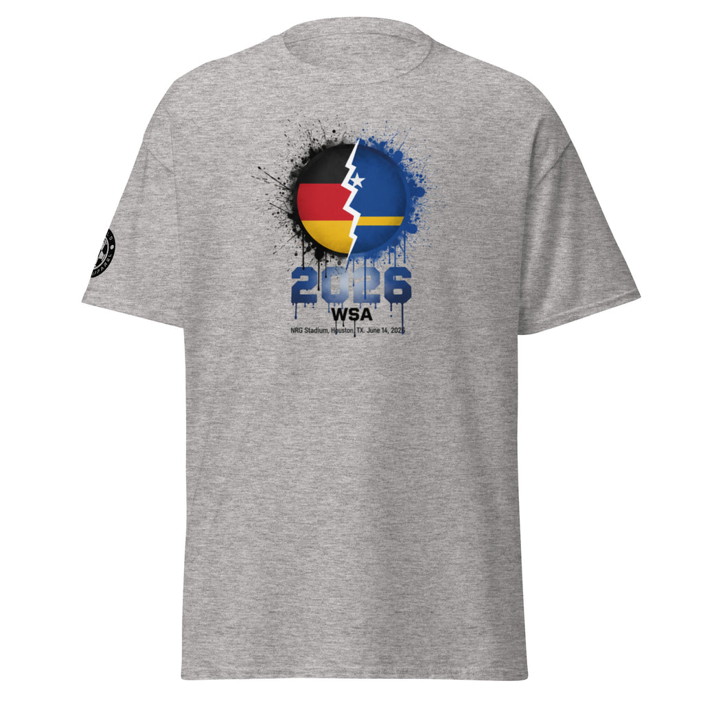 Gray t-shirt with a colorful graphic design on a white background