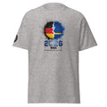 Gray t-shirt with a colorful graphic design on a white background