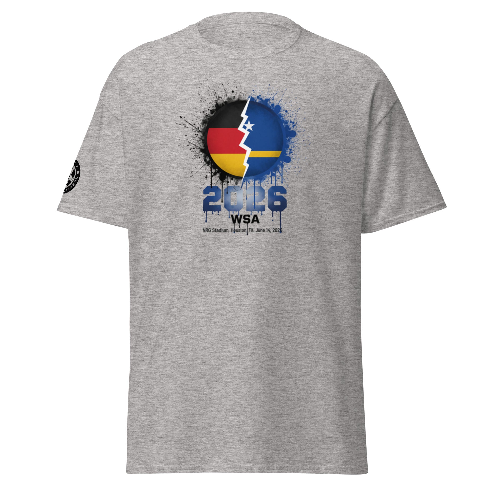 Gray t-shirt with a colorful graphic design on a white background