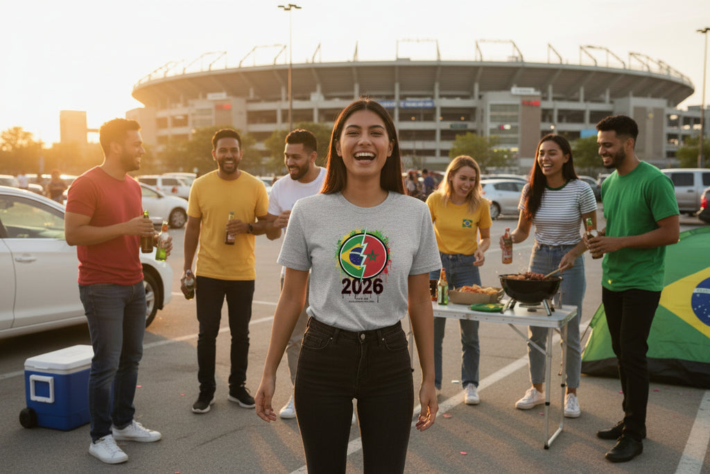 Gray t-shirt with a colorful graphic design featuring numbers '2026' and text on a white background