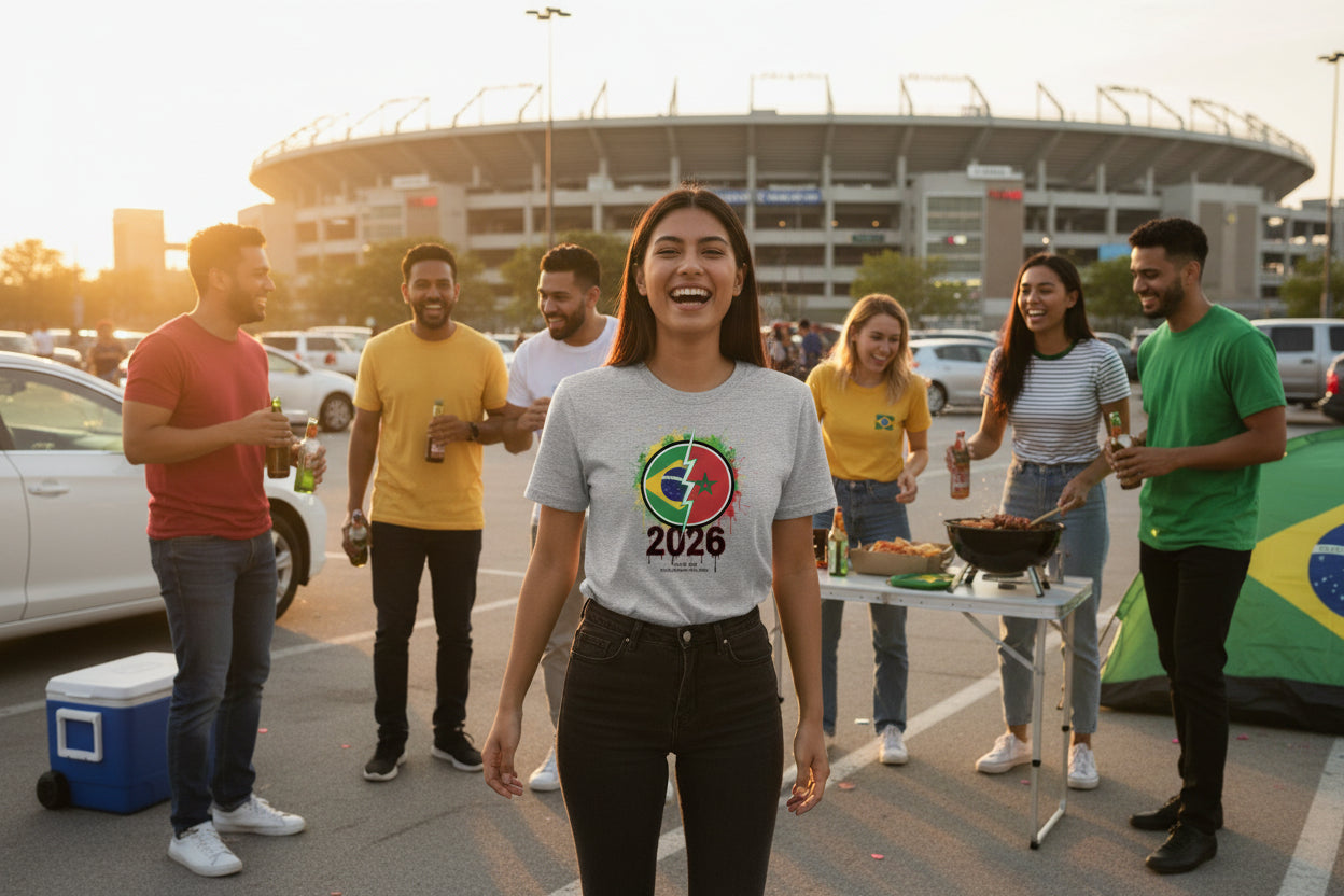 Gray t-shirt with a colorful graphic design featuring numbers '2026' and text on a white background