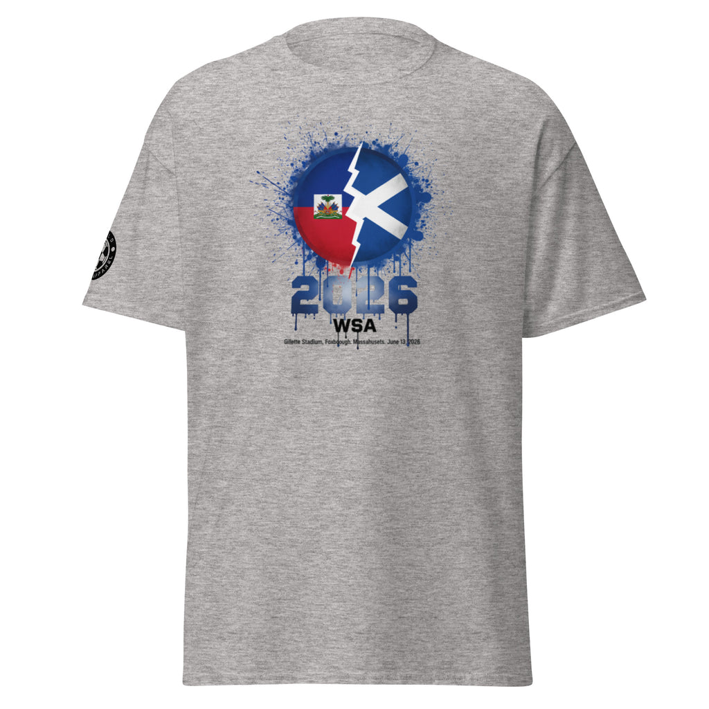 Gray t-shirt with a graphic design featuring a flag and text on a white background