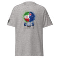 Gray t-shirt with a graphic design featuring two flags and text on a white background