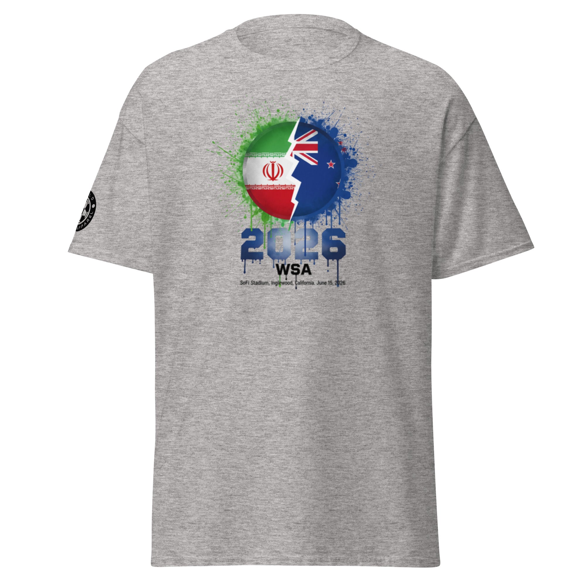 Gray t-shirt with a graphic design featuring two flags and text on a white background
