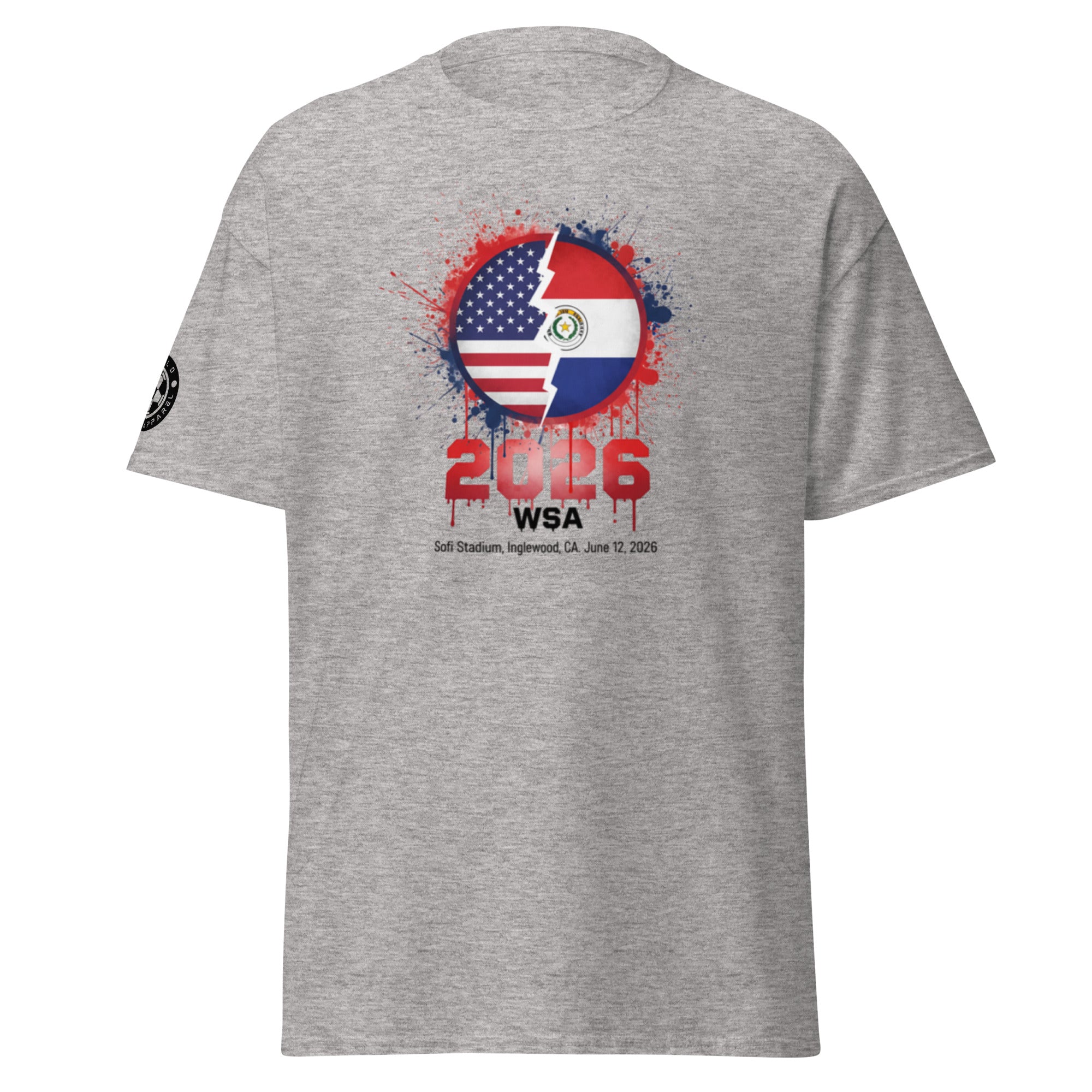 Gray t-shirt with a graphic design featuring an American flag and Paraguayan flag, along with text '2026 WSA'.